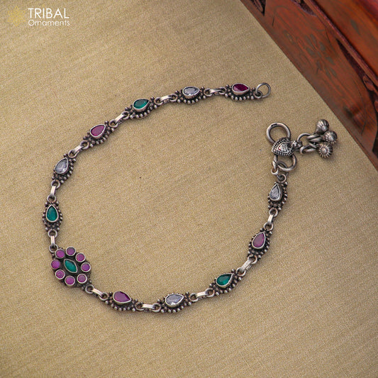 Sterling silver vintage anklet with multi-color stones, tribal design foot bracelet for belly dance jewelry, ank771.