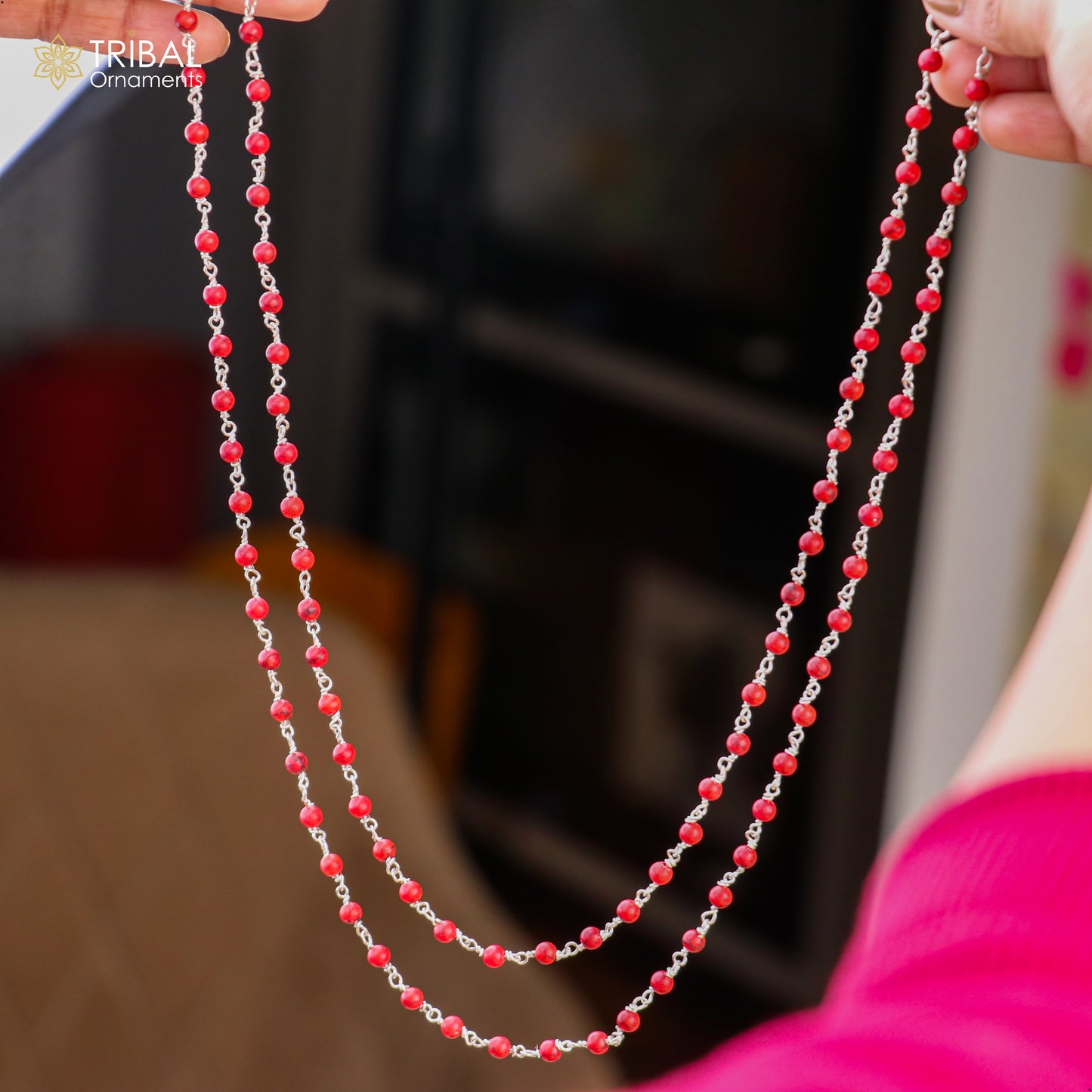 925 sterling silver red jasper beads chain for unisex jewelry ch630 - TRIBAL ORNAMENTS