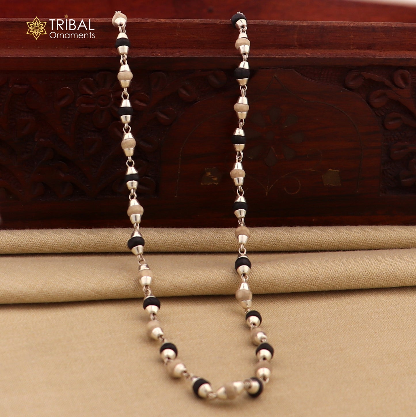 925 Sterling silver beads and black basil rosary wooden beads silver chain necklace tulsi mala use in Ayurveda meditation ch605