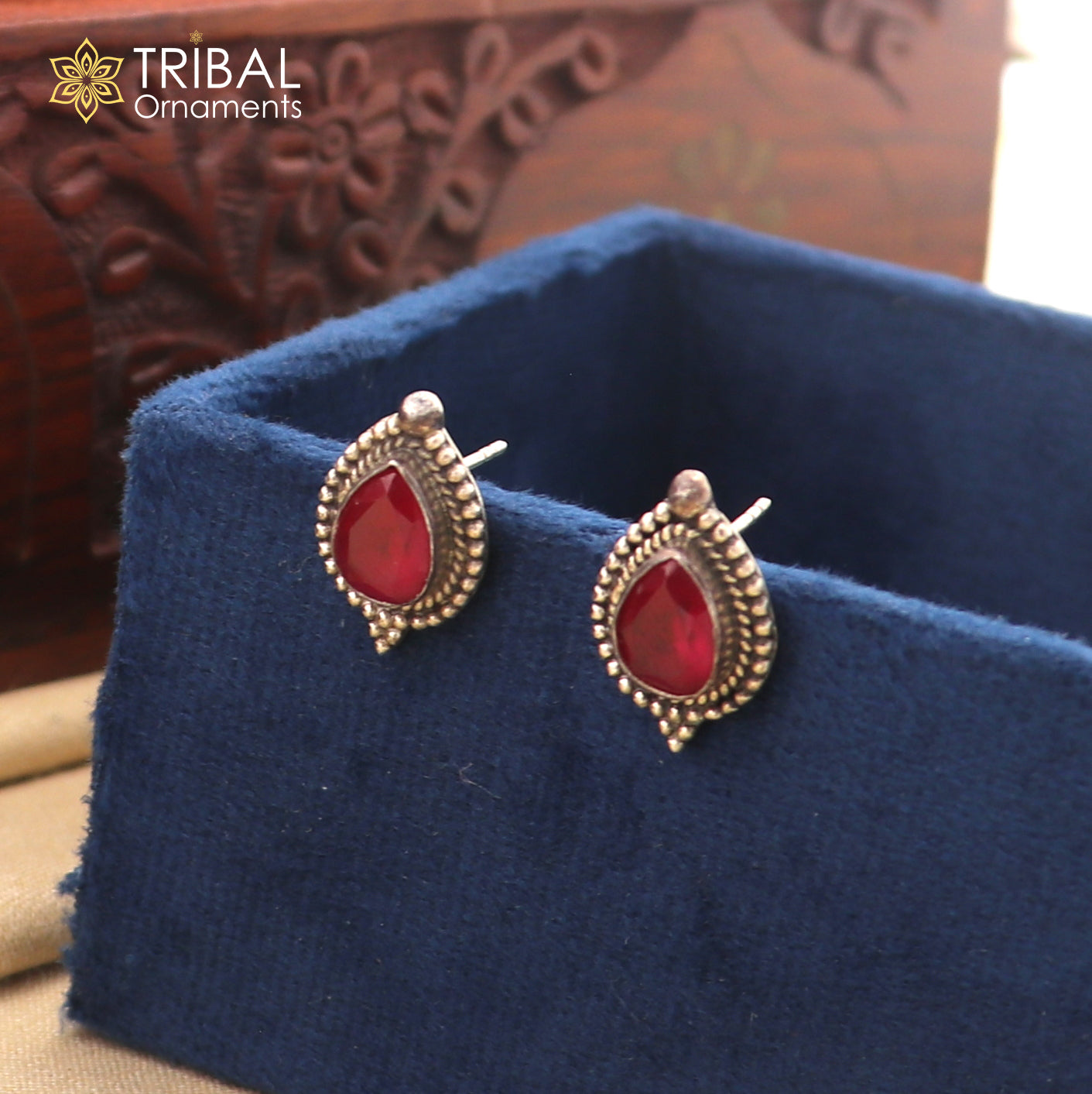 925 sterling silver vintage design pink stone ethnic stud earring s1372