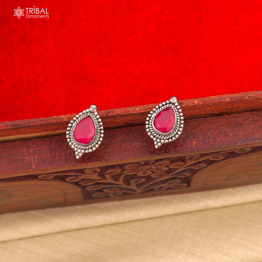 925 sterling silver vintage design pink stone ethnic stud earring s1372