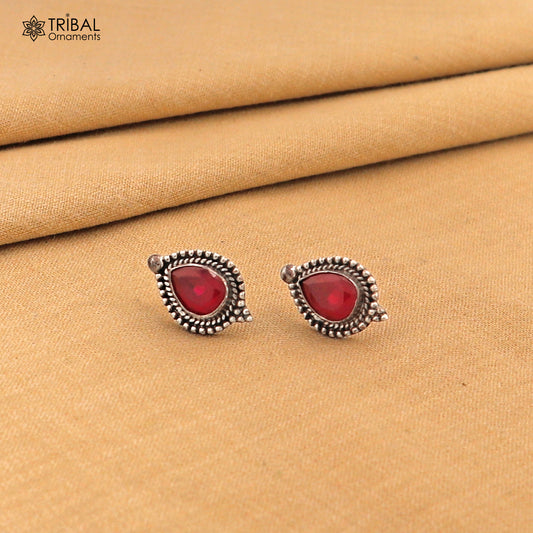 925 sterling silver vintage design pink stone ethnic stud earring s1372