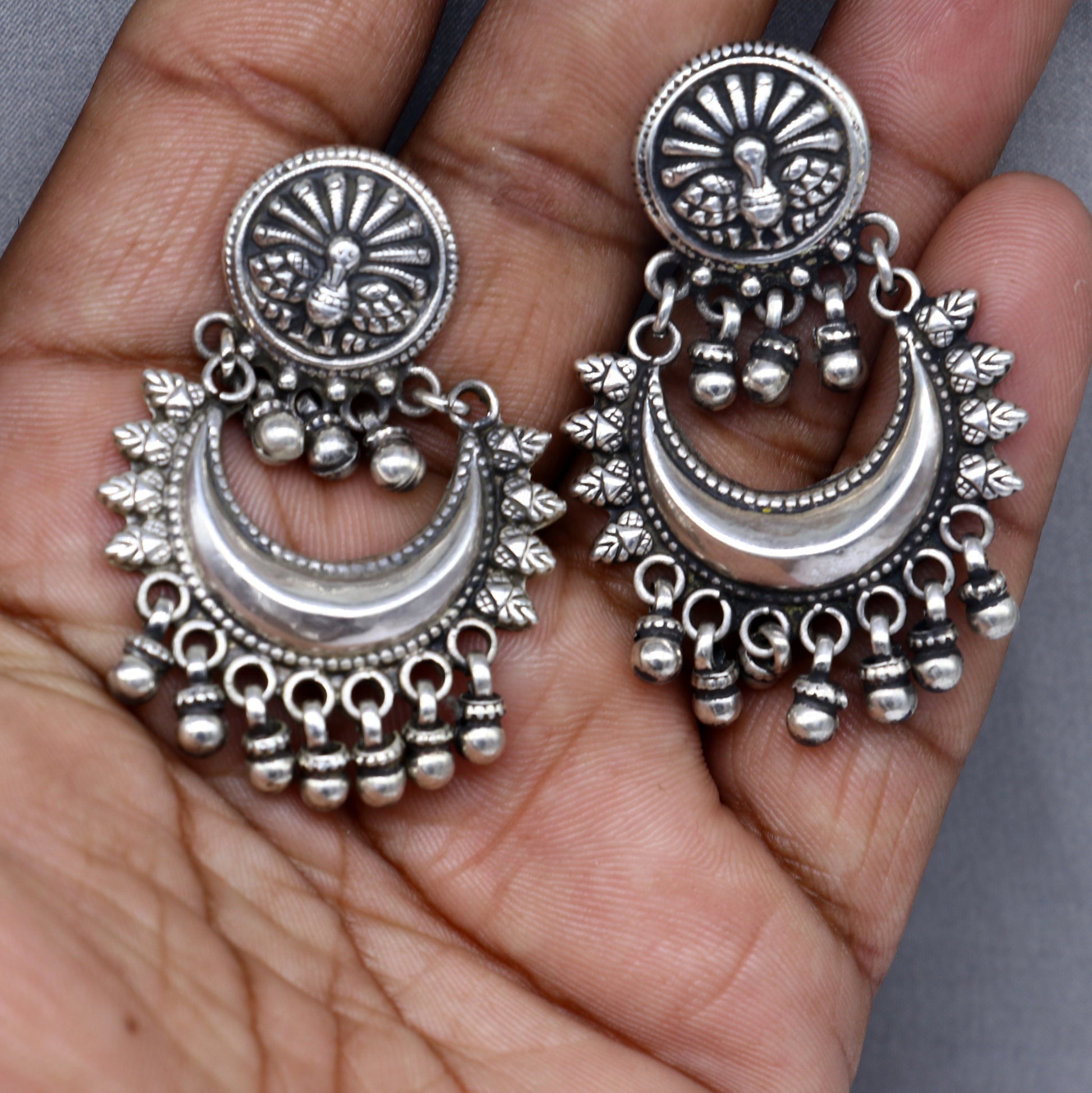 Oxidized 925 sterling silver tribal Earrings,half moon earrings, stud earring hanging bells, drop dangle jewelry wedding party jewelry s380 - TRIBAL ORNAMENTS
