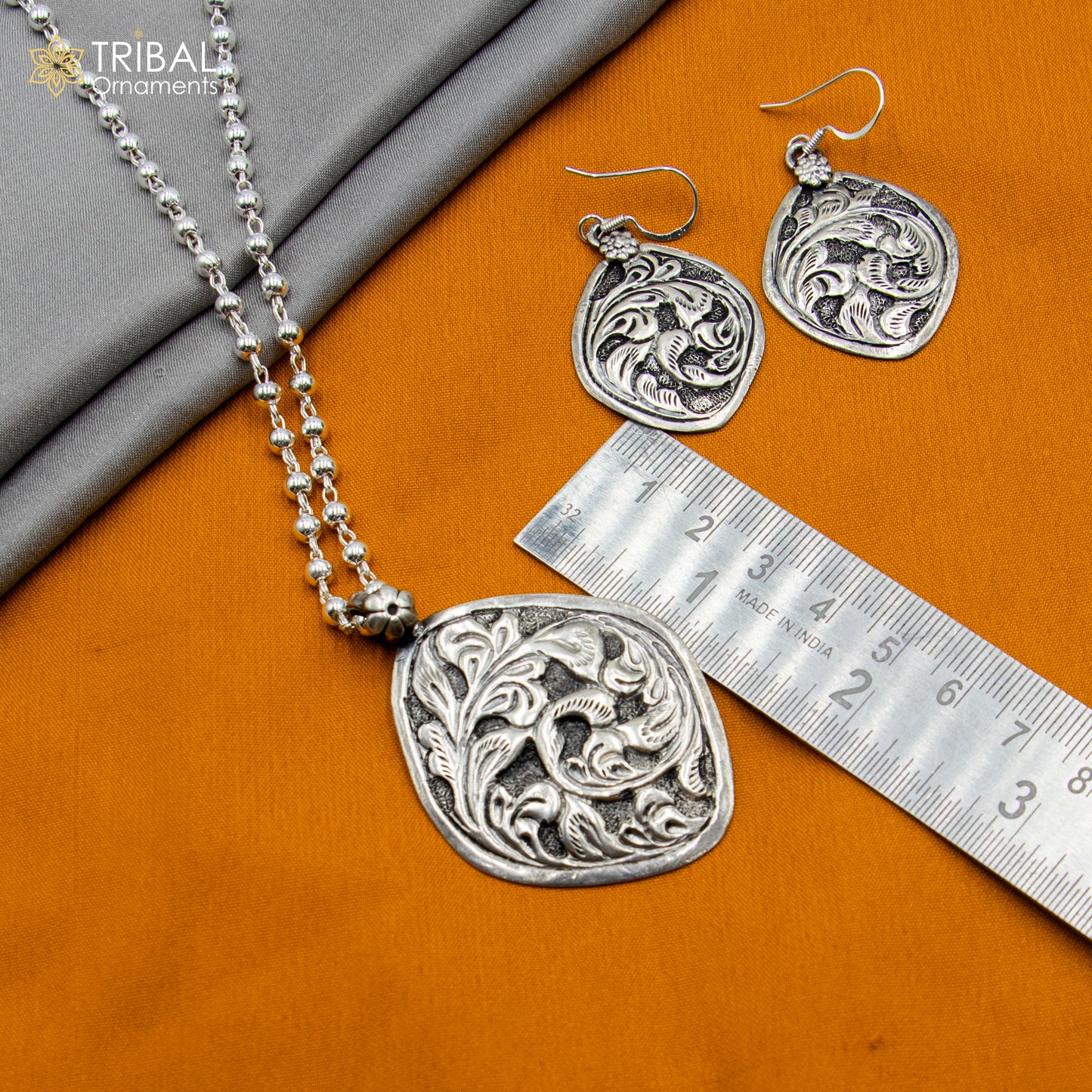 30" 925 sterling silver handmade beaded chain with chitai design long necklace traditional cultural functional pendant necklace jewelry Set709 - TRIBAL ORNAMENTS