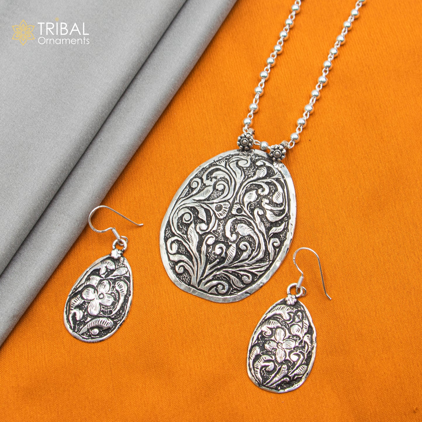30" 925 sterling silver handmade beaded chain with flower design long necklace traditional cultural functional pendant necklace jewelry Set713 - TRIBAL ORNAMENTS