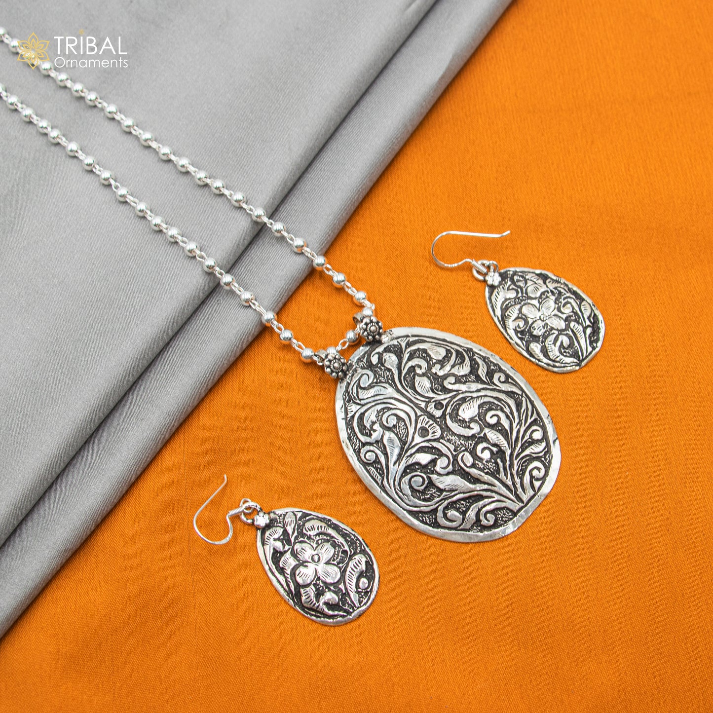 30" 925 sterling silver handmade beaded chain with flower design long necklace traditional cultural functional pendant necklace jewelry Set713 - TRIBAL ORNAMENTS