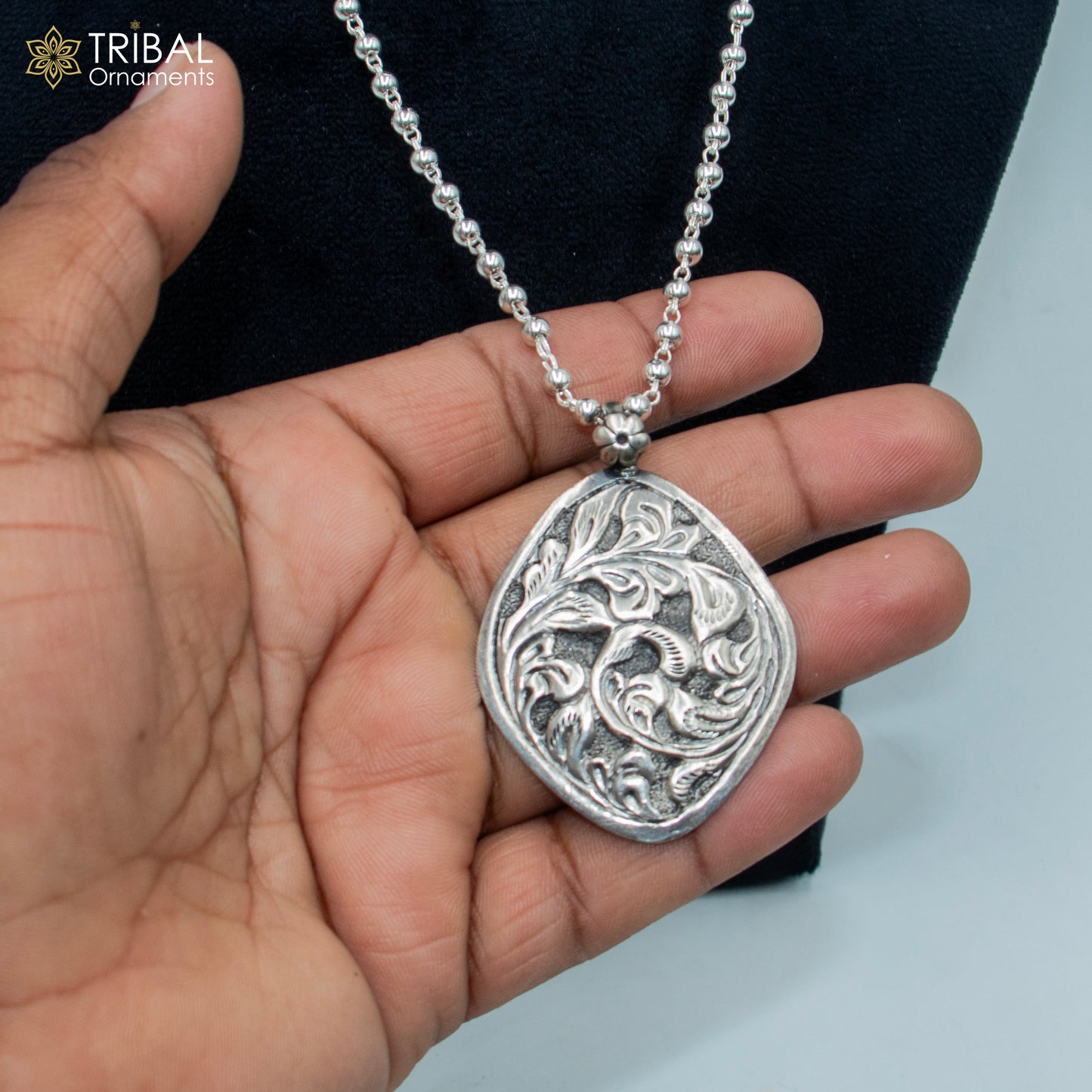 30" 925 sterling silver handmade beaded chain with chitai design long necklace traditional cultural functional pendant necklace jewelry Set709 - TRIBAL ORNAMENTS