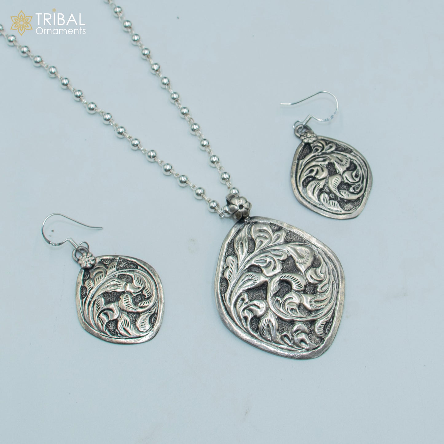30" 925 sterling silver handmade beaded chain with chitai design long necklace traditional cultural functional pendant necklace jewelry Set709 - TRIBAL ORNAMENTS