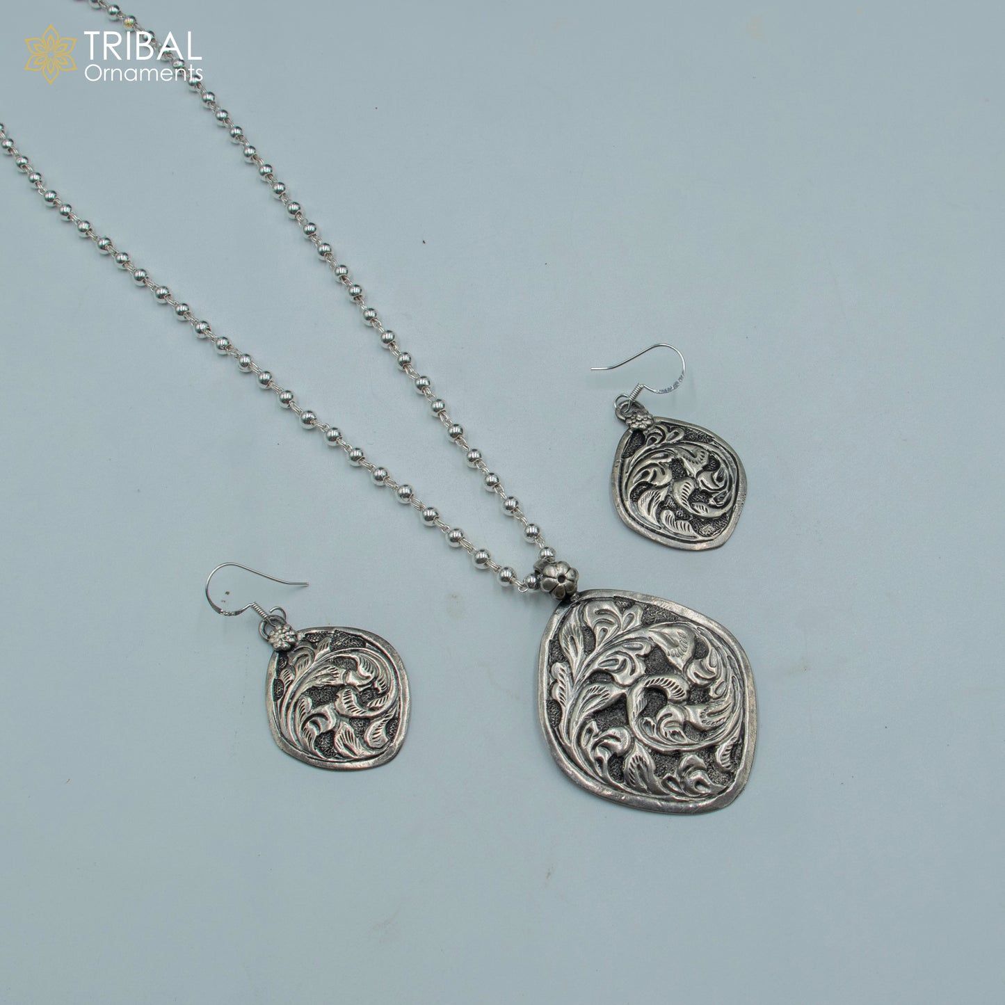 30" 925 sterling silver handmade beaded chain with chitai design long necklace traditional cultural functional pendant necklace jewelry Set709 - TRIBAL ORNAMENTS