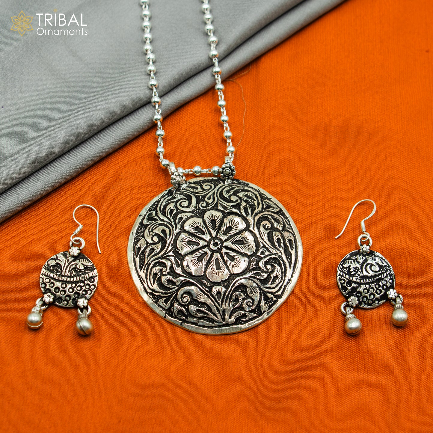 30" 925 sterling silver handmade beaded chain with flower design long necklace traditional cultural functional pendant necklace jewelry Set717 - TRIBAL ORNAMENTS
