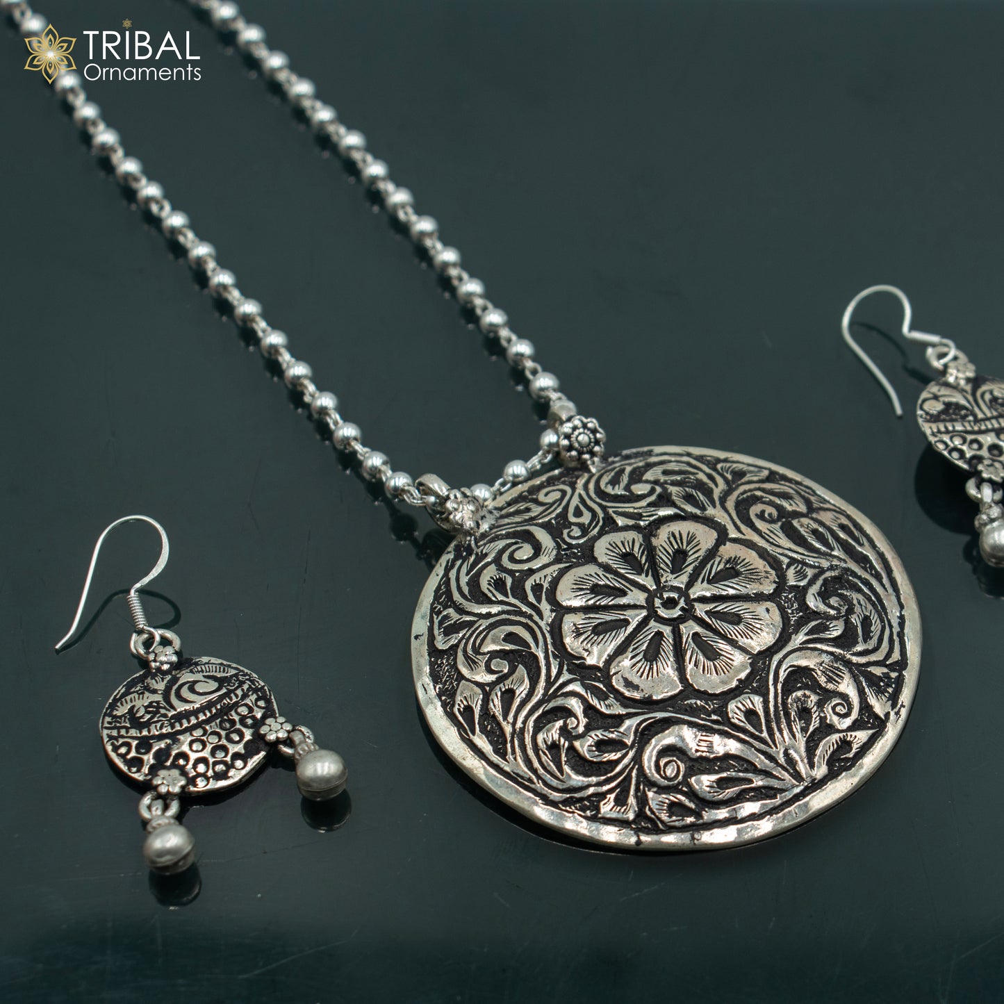 30" 925 sterling silver handmade beaded chain with flower design long necklace traditional cultural functional pendant necklace jewelry Set717 - TRIBAL ORNAMENTS