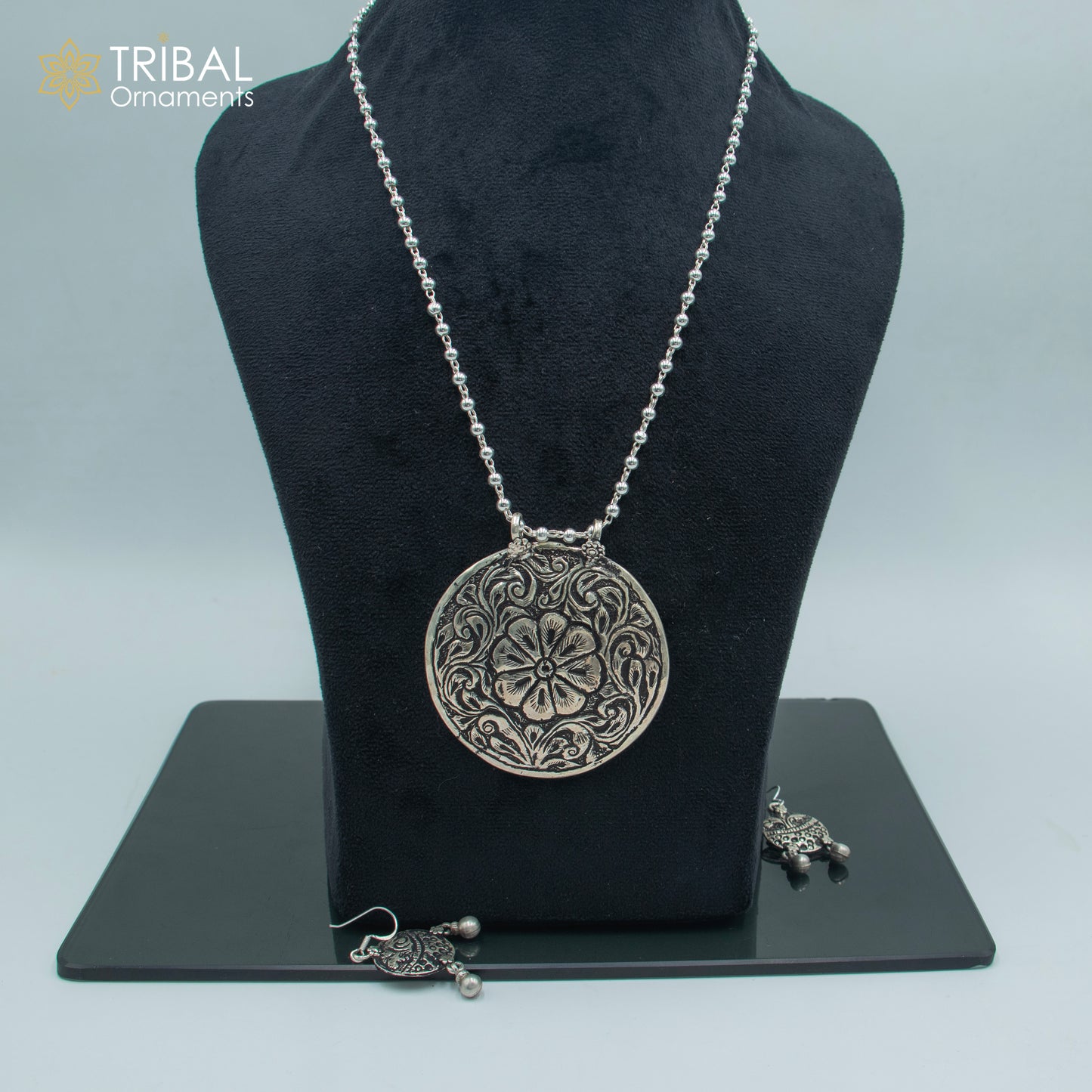 30" 925 sterling silver handmade beaded chain with flower design long necklace traditional cultural functional pendant necklace jewelry Set717 - TRIBAL ORNAMENTS