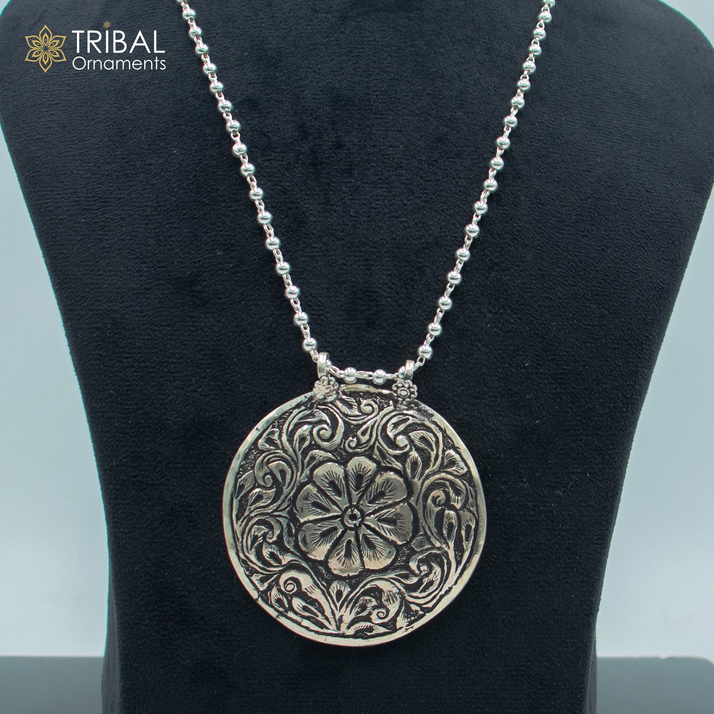 30" 925 sterling silver handmade beaded chain with flower design long necklace traditional cultural functional pendant necklace jewelry Set717 - TRIBAL ORNAMENTS