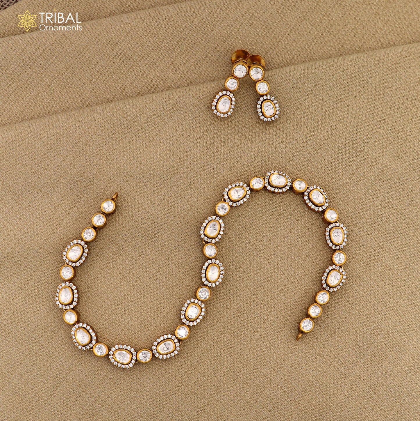 925 sterling silver white kundan stone polki charm necklace set stylish jewelry set743