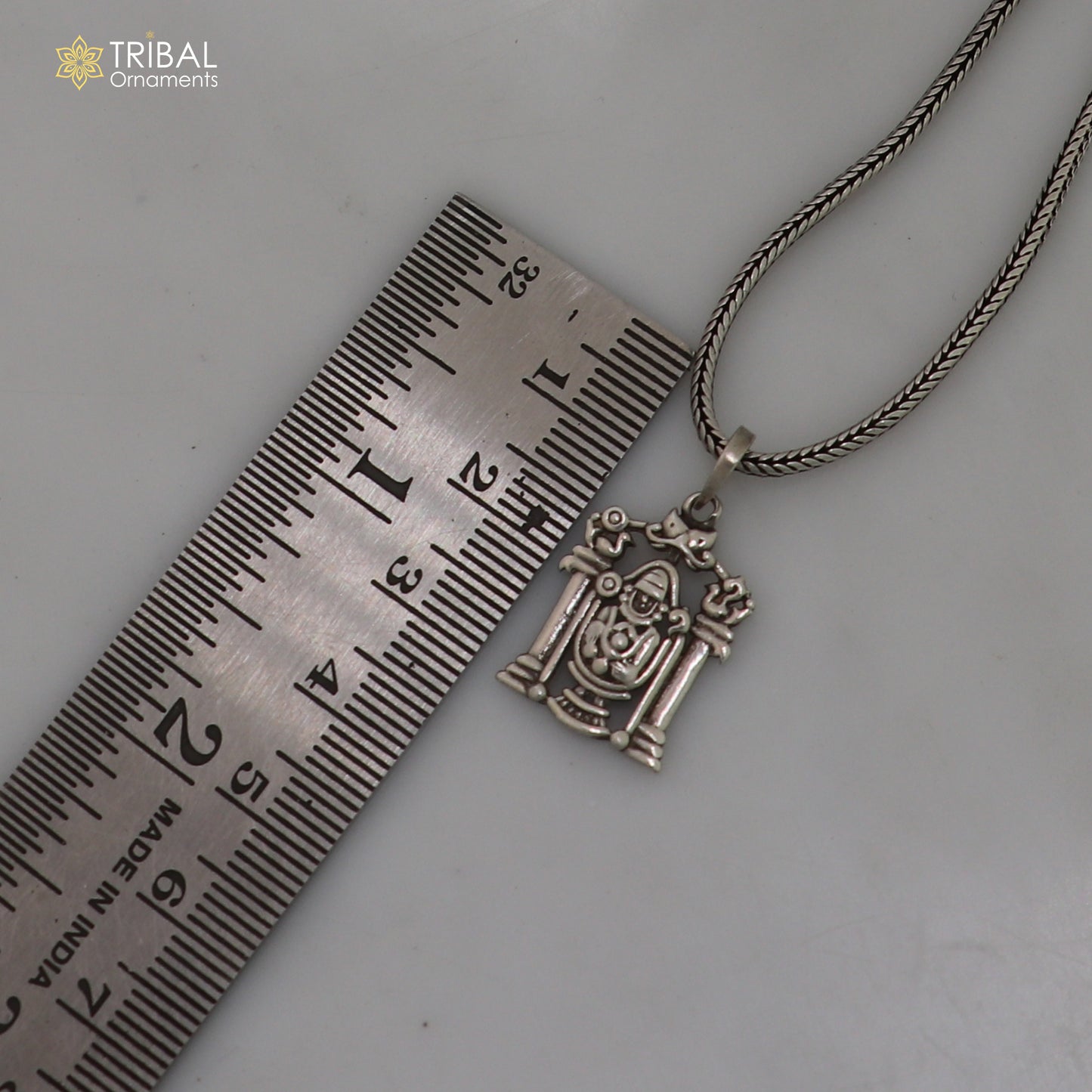 925 sterling silver Tirupati Bala Ji pendant with chain, tribal jewelry featuring detailed religious iconography.