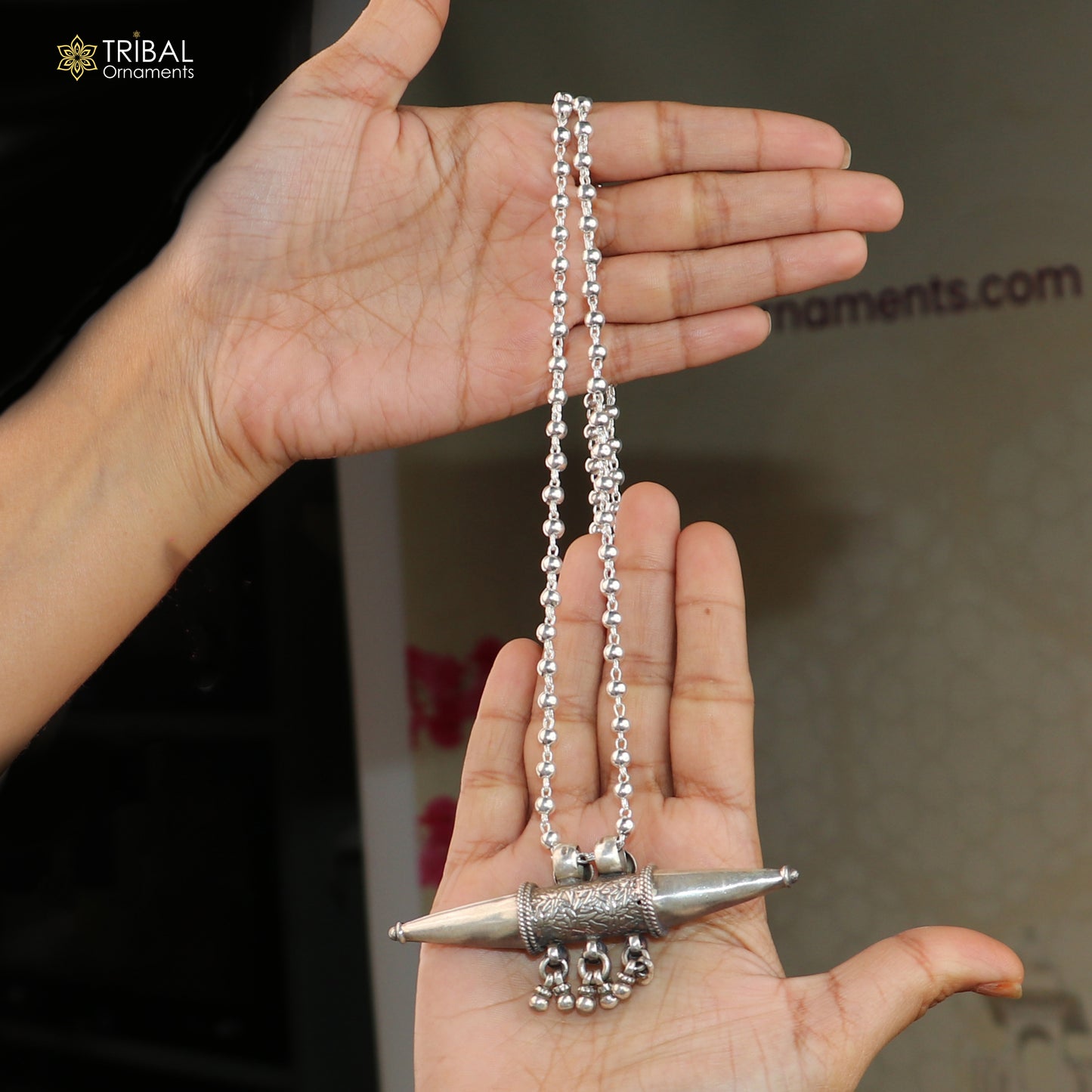 Sterling silver beaded chain with tribal tabiz pendant, ethnic jewelry set by TRIBAL ORNAMENTS displayed in image.