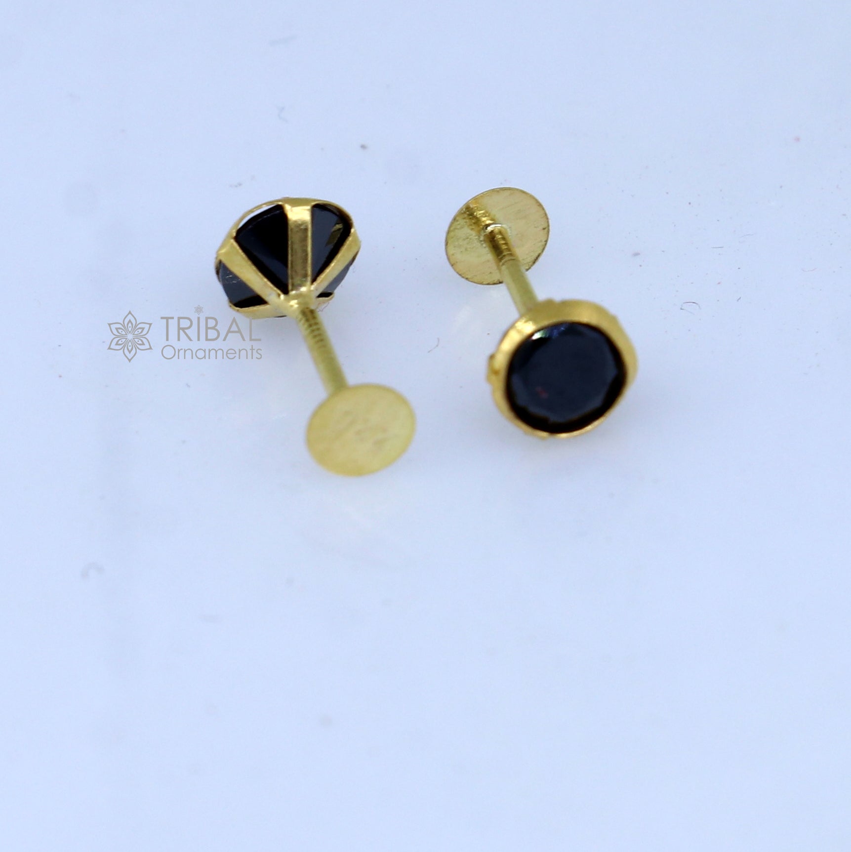 14Kt yellow gold black diamond stud earring for unisex er188 - TRIBAL ORNAMENTS