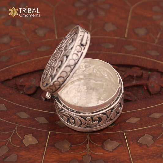 925 sterling silver round flower design oxidized trinket box , Sindoor box brides jewelry stb908