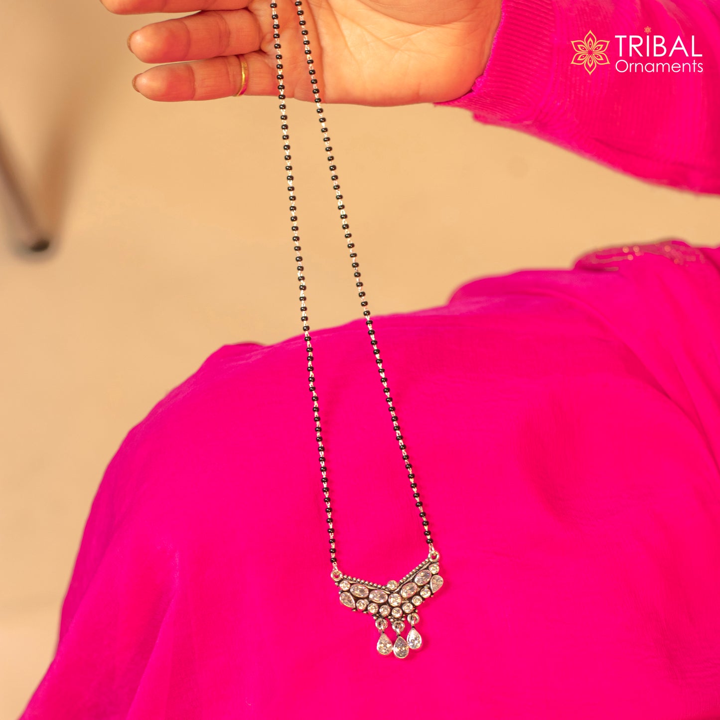 925 sterling silver black beads and white cut stone mangal sutra necklace brides Mangalsutra chunky necklace ms80 - TRIBAL ORNAMENTS