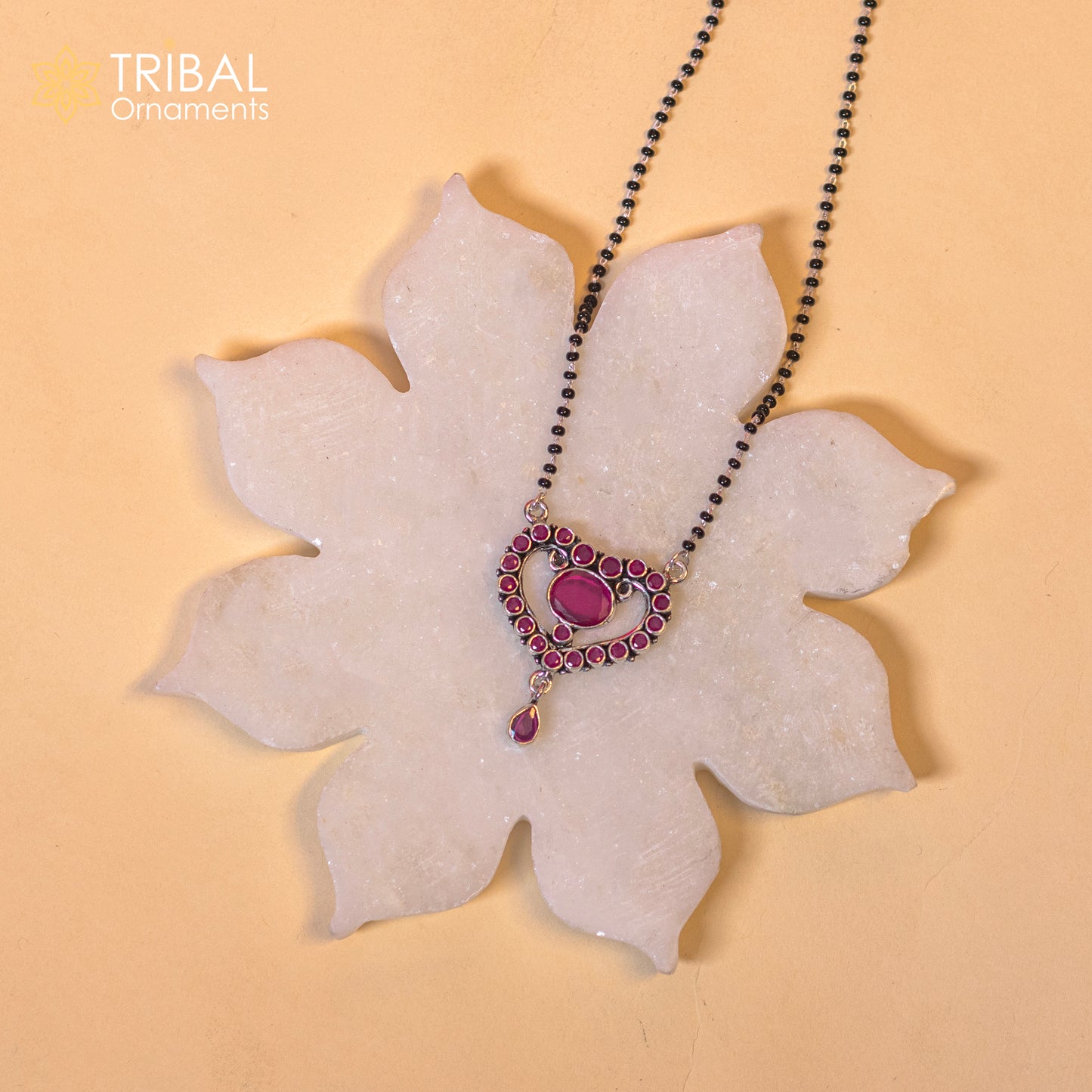 925 sterling silver black beads and red cut stone heart design mangal sutra necklace brides Mangalsutra chunky necklace ms84 - TRIBAL ORNAMENTS