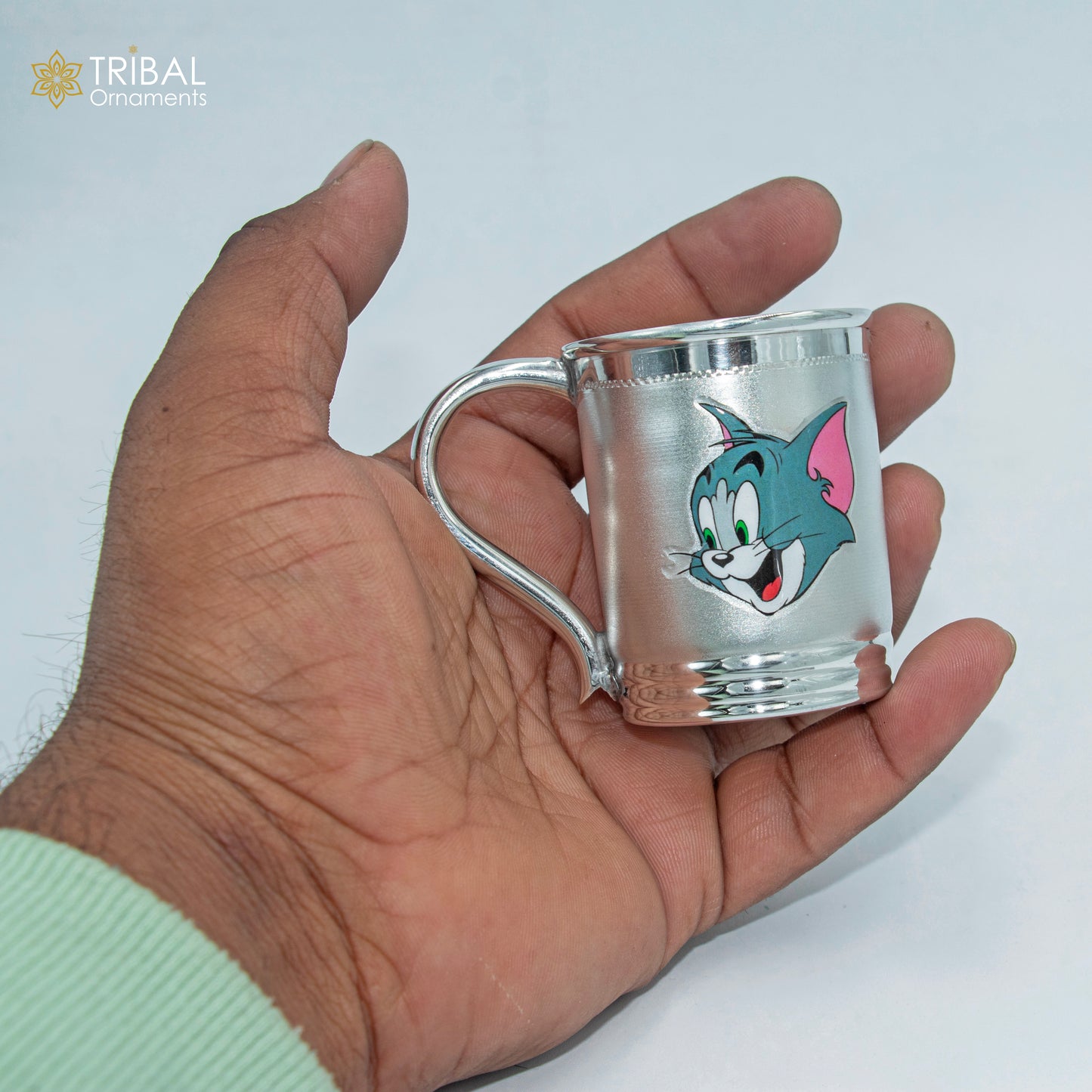 925 sterling silver handmade tom and jerry cartoon design coffee cup or water milk cup tumbler, silver baby food flask, silver kids utensils gift sv303 - TRIBAL ORNAMENTS
