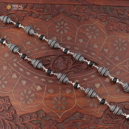 Sterling silver vintage necklace with silver and karungali beads by TRIBAL ORNAMENTS, featuring intricate craftsmanship and traditional design.