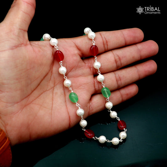 925 sterling silver pearl and multi-color stone beaded necklace, elegant women's chain with intricate design and vibrant stones.