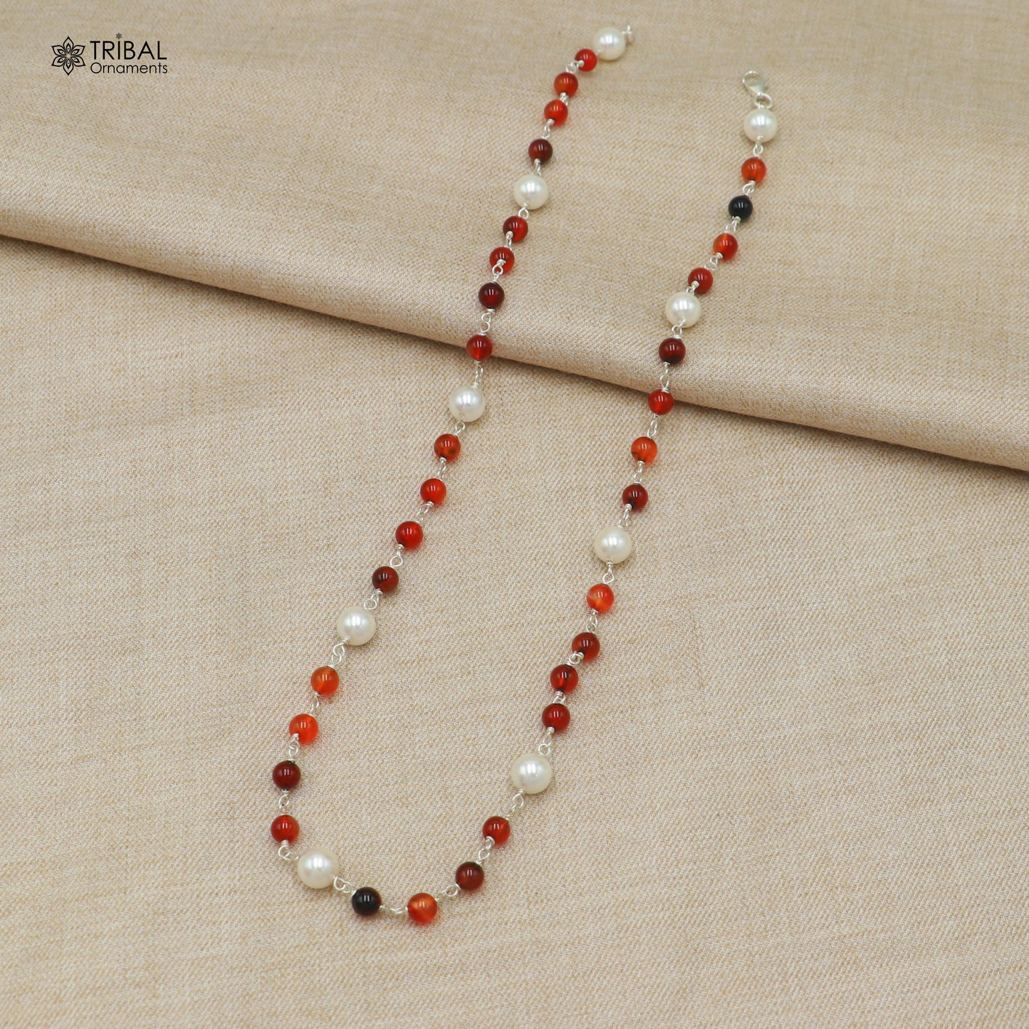 Sterling silver beaded necklace with pearls and brown round stones, stylish women's jewelry by TRIBAL ORNAMENTS.