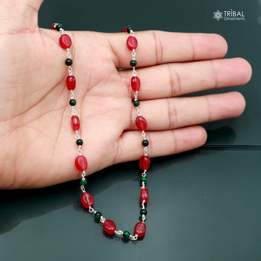 Sterling silver beaded necklace with red and green stones, stylish women's jewelry chain from TRIBAL ORNAMENTS.