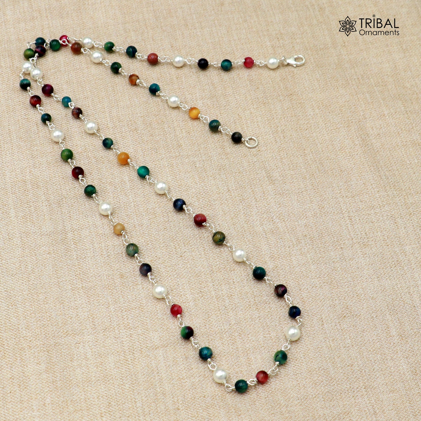 925 sterling silver necklace with white pearls and multicolor stone beads, stylish women's beaded chain jewelry.