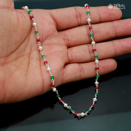 Sterling silver pearl and multi-color round stone beaded necklace by TRIBAL ORNAMENTS, featuring a vibrant, multi-hued design.