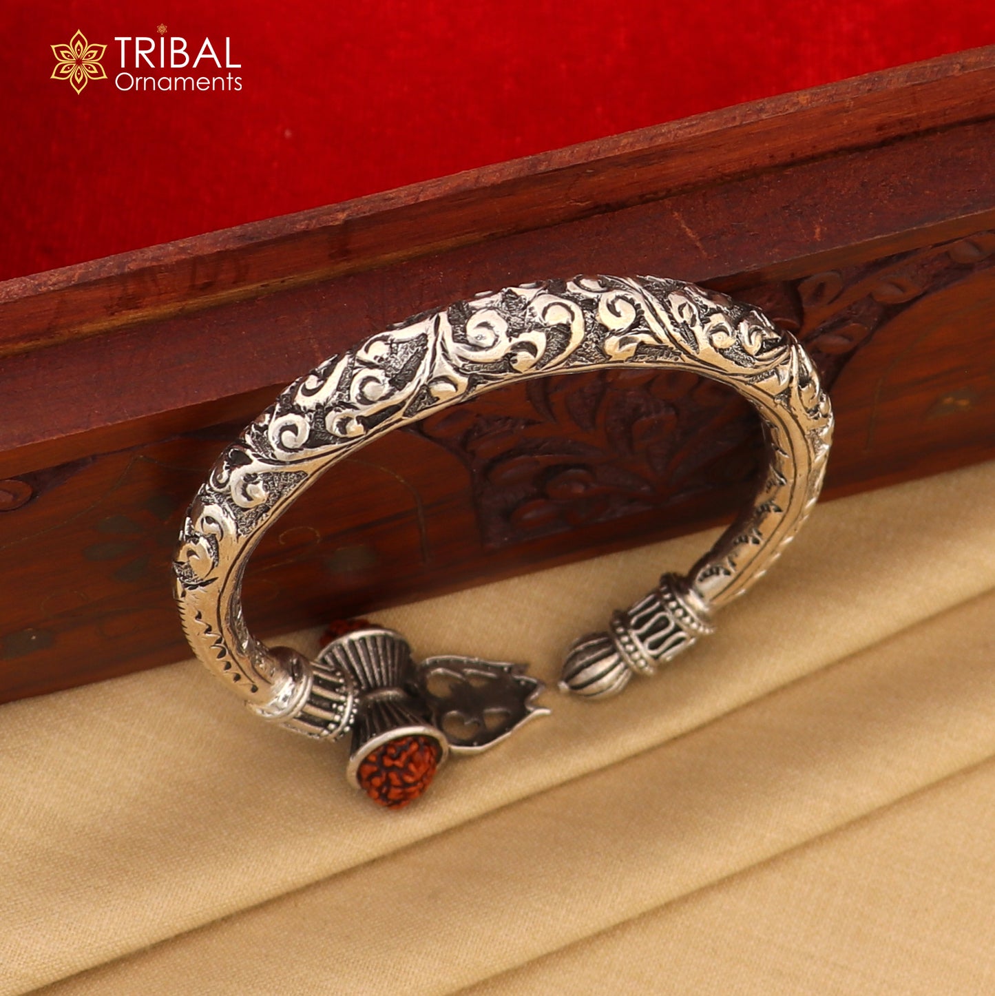 925 Sterling silver shiva trishul and rudraksha chitai work bangle bracelet kada tribal jewelry nsk935