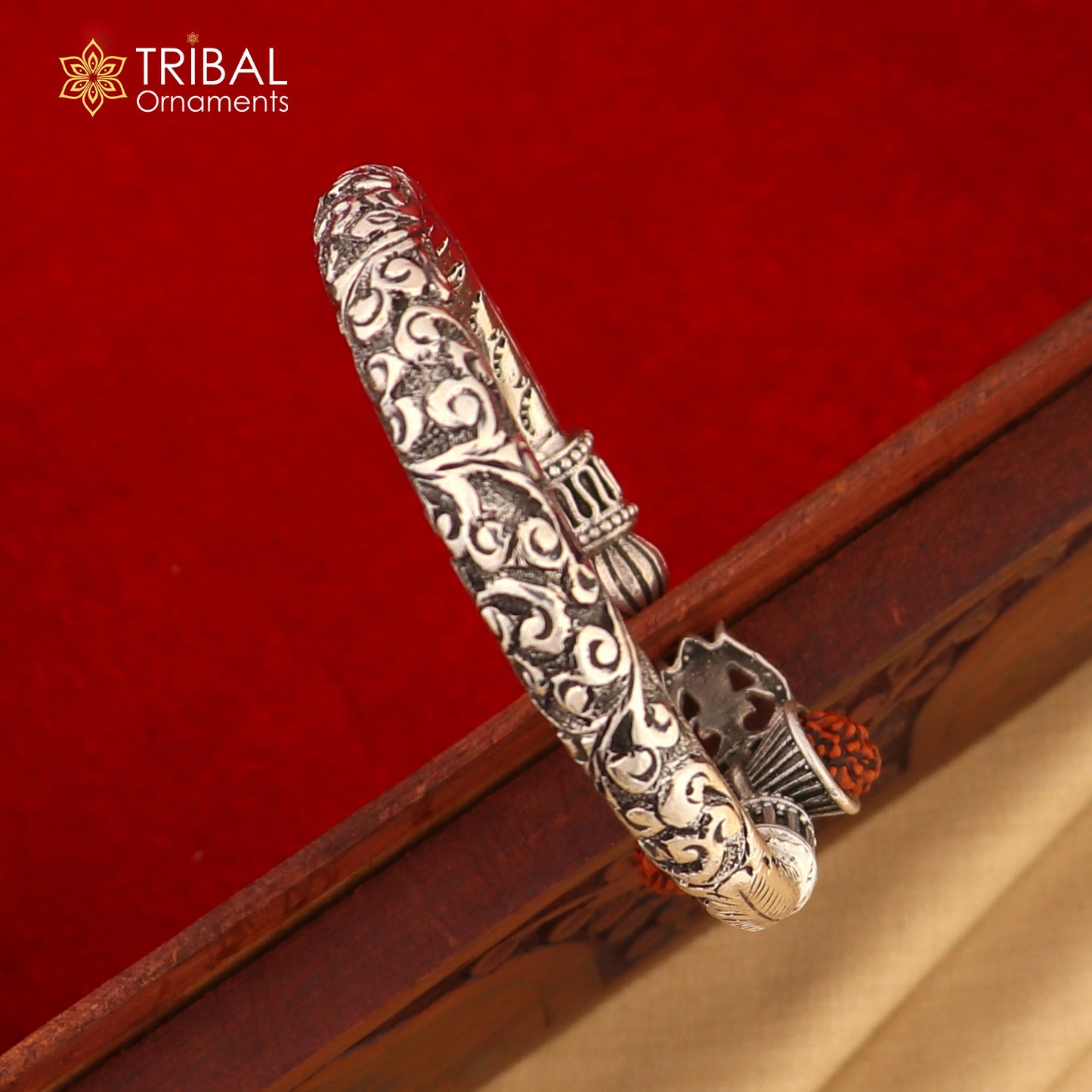 925 Sterling silver shiva trishul and rudraksha chitai work bangle bracelet kada tribal jewelry nsk935