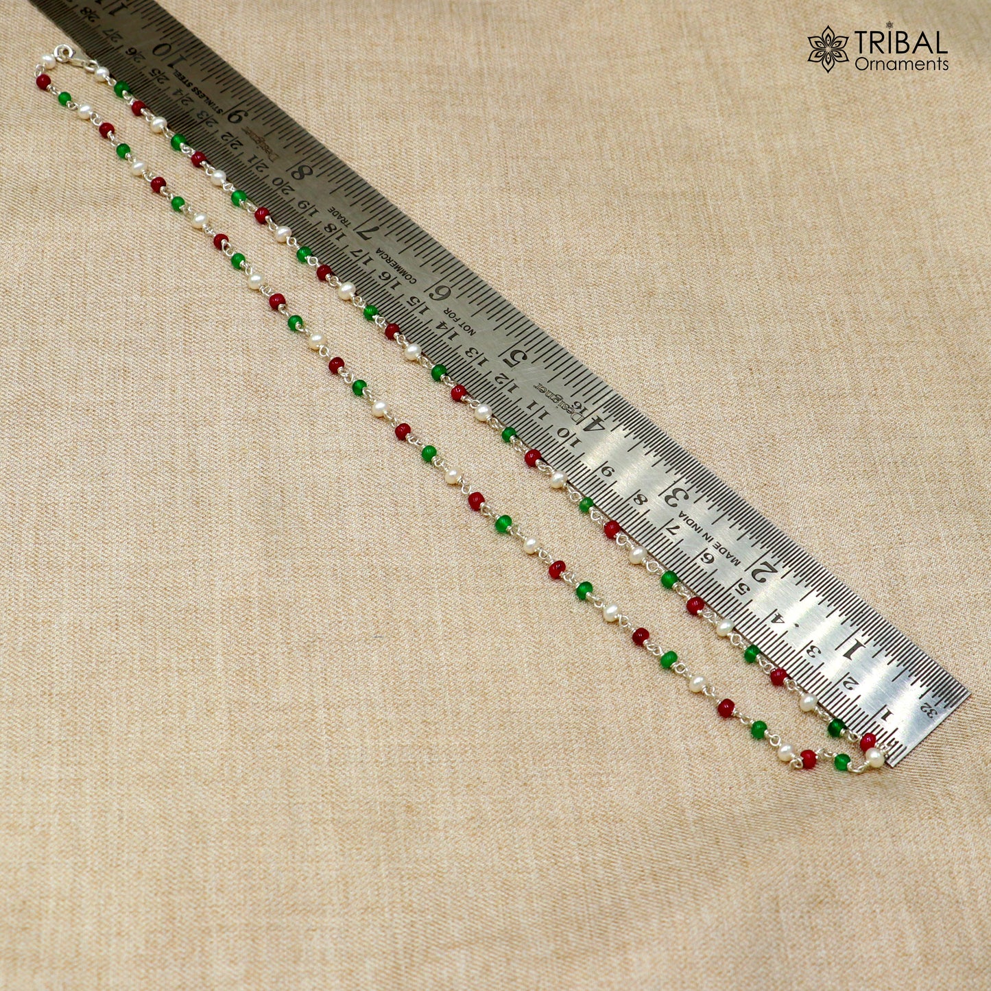 Sterling silver beaded necklace with pearls and multicolor round stones from TRIBAL ORNAMENTS, featuring intricate beadwork and vibrant colors.