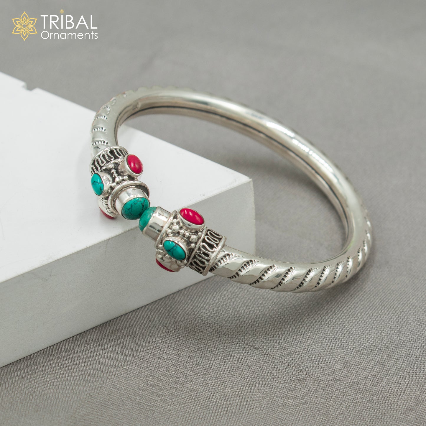 925 sterling silver handmade turquoise and coral stone kada bracelet unisex kada nsk893 - TRIBAL ORNAMENTS
