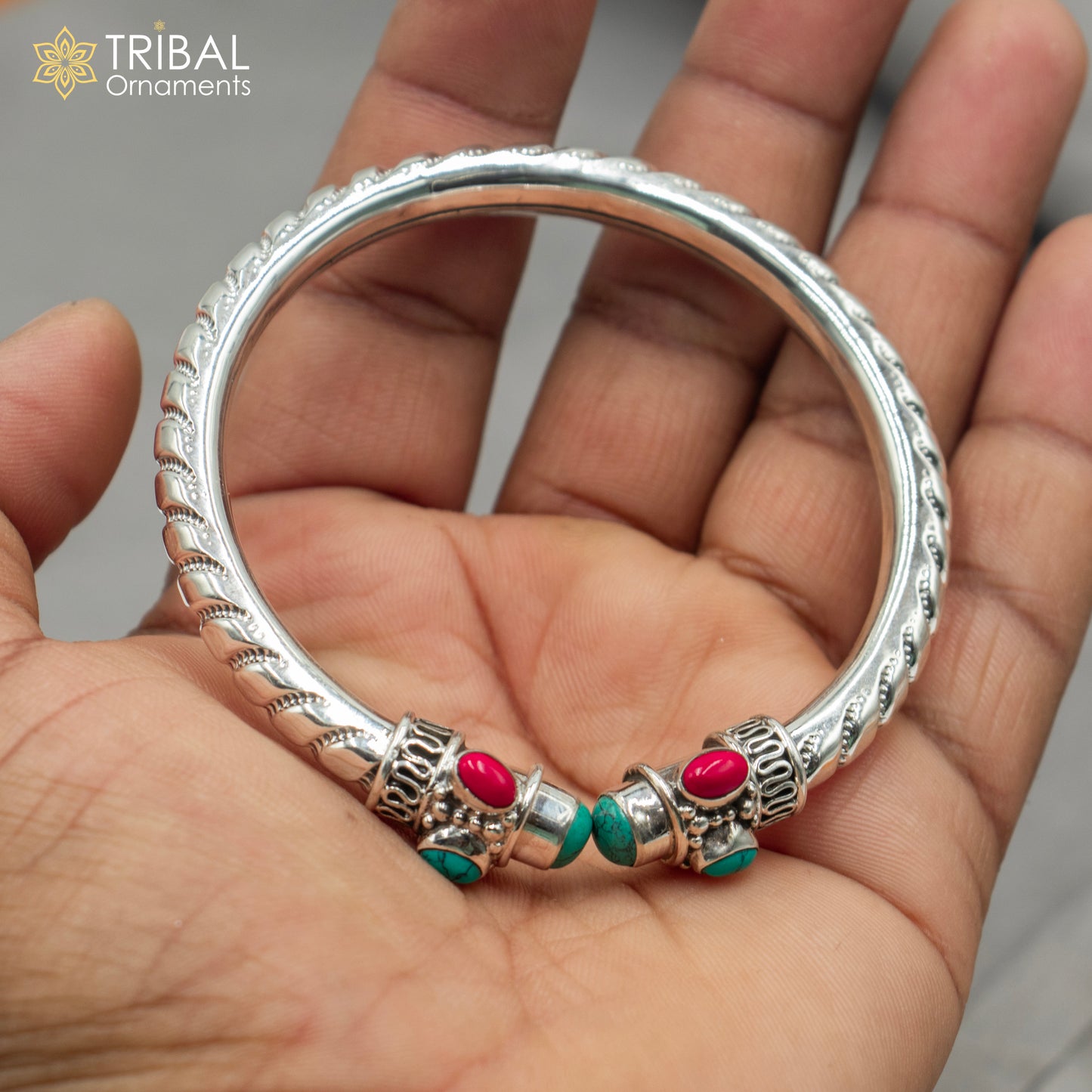 925 sterling silver handmade turquoise and coral stone kada bracelet unisex kada nsk893 - TRIBAL ORNAMENTS