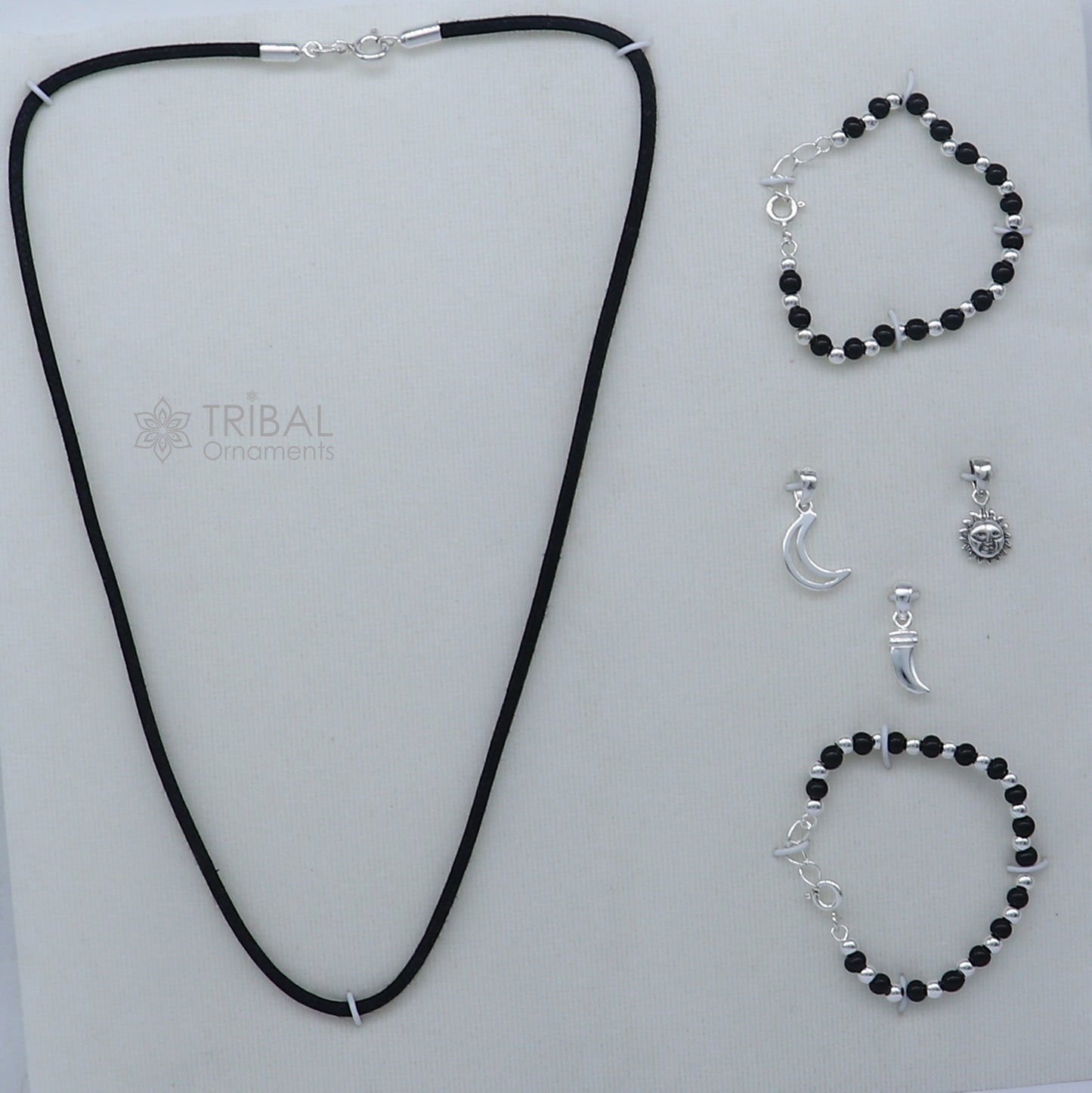 925 sterling silver handmade baby necklace pendant set with gorgeous adjustable black beads bracelet and 3 little pendants jewelry babyset2 - TRIBAL ORNAMENTS
