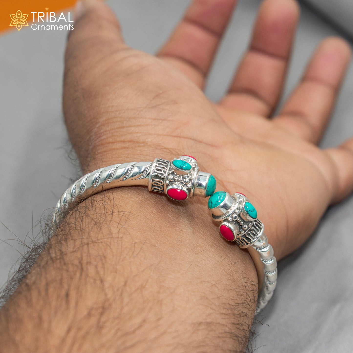 925 sterling silver handmade turquoise and coral stone kada bracelet unisex kada nsk893 - TRIBAL ORNAMENTS