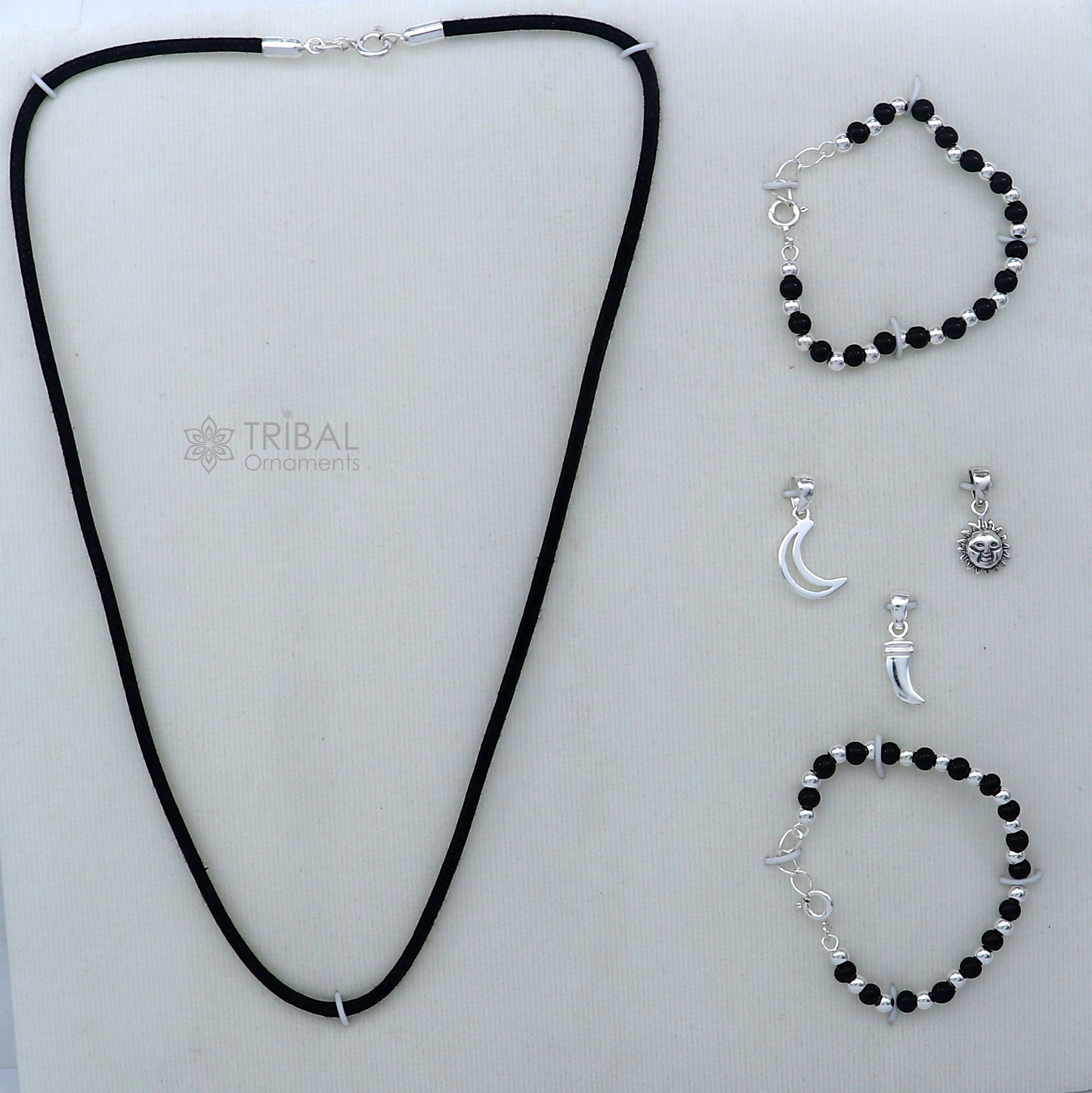 925 sterling silver handmade baby necklace pendant set with gorgeous adjustable black beads bracelet and 3 little pendants jewelry babyset2 - TRIBAL ORNAMENTS
