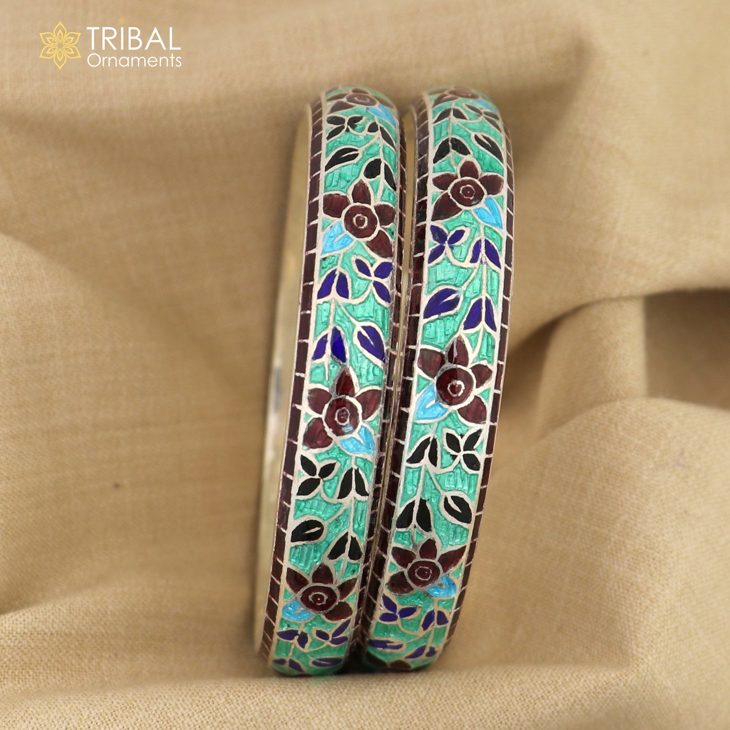 925 sterling silver handcrafted multicolor enamel flower design bangles bracelet nba455