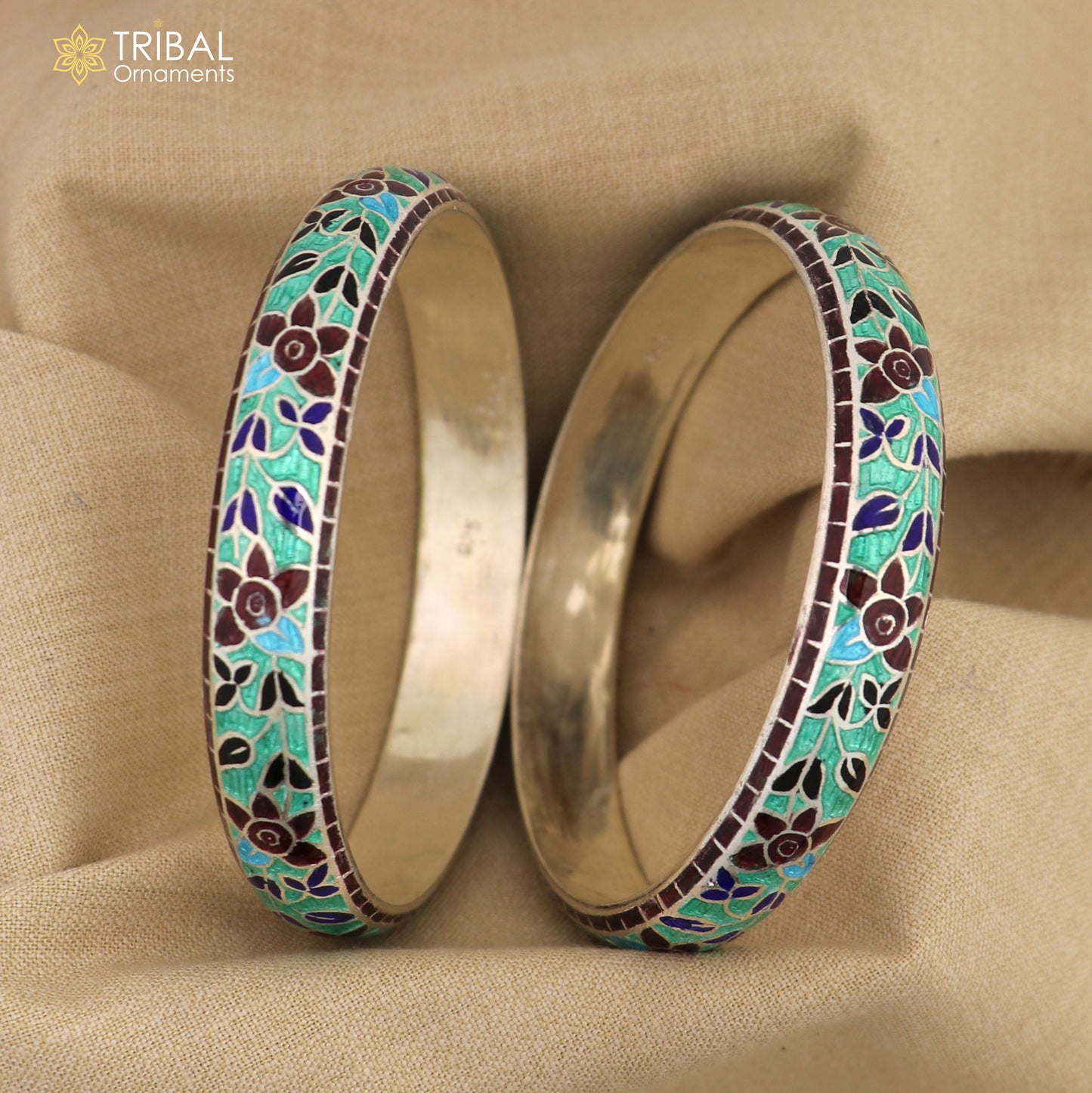 925 sterling silver handcrafted multicolor enamel flower design bangles bracelet nba455