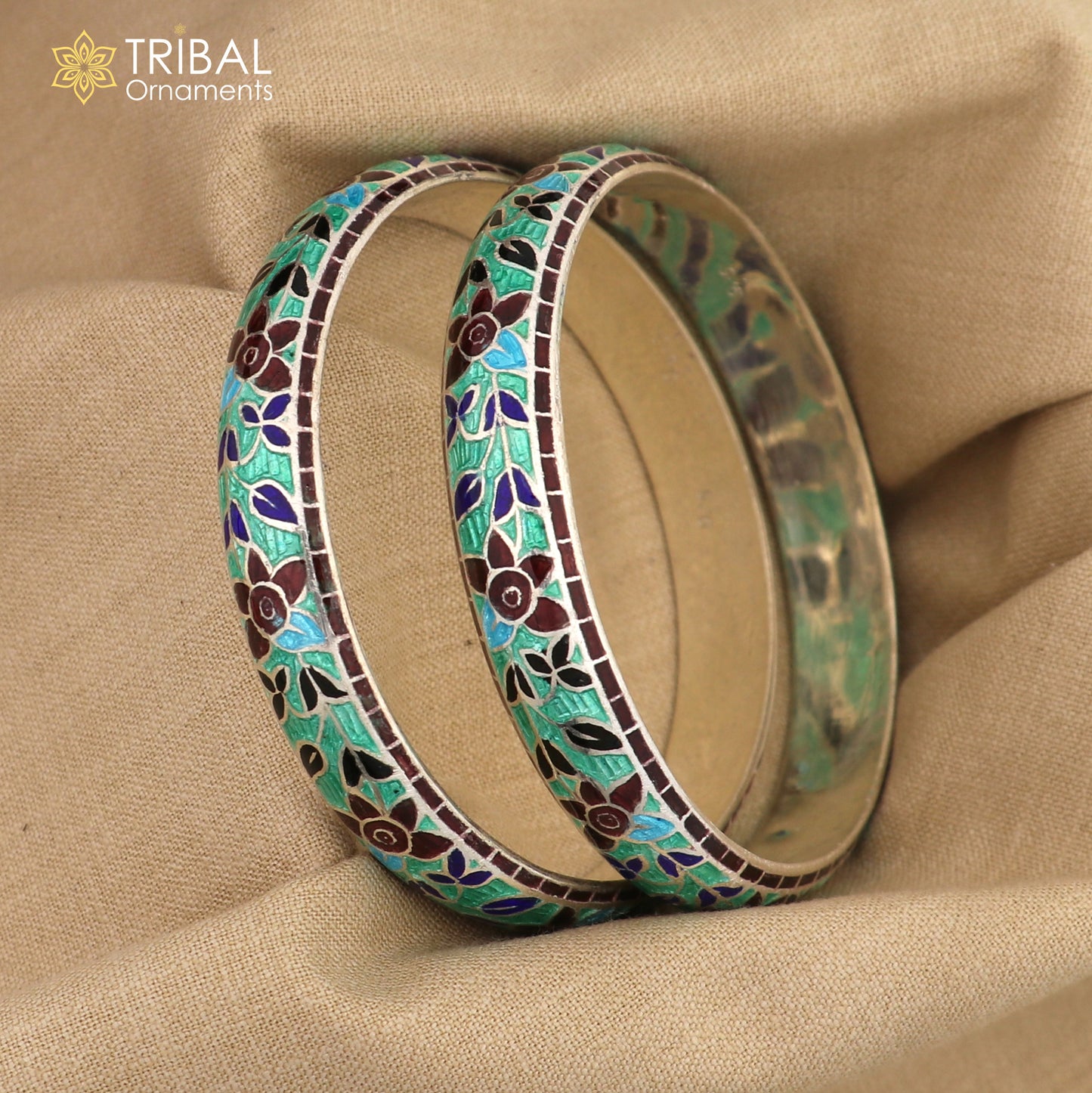 925 sterling silver handcrafted multicolor enamel flower design bangles bracelet nba455