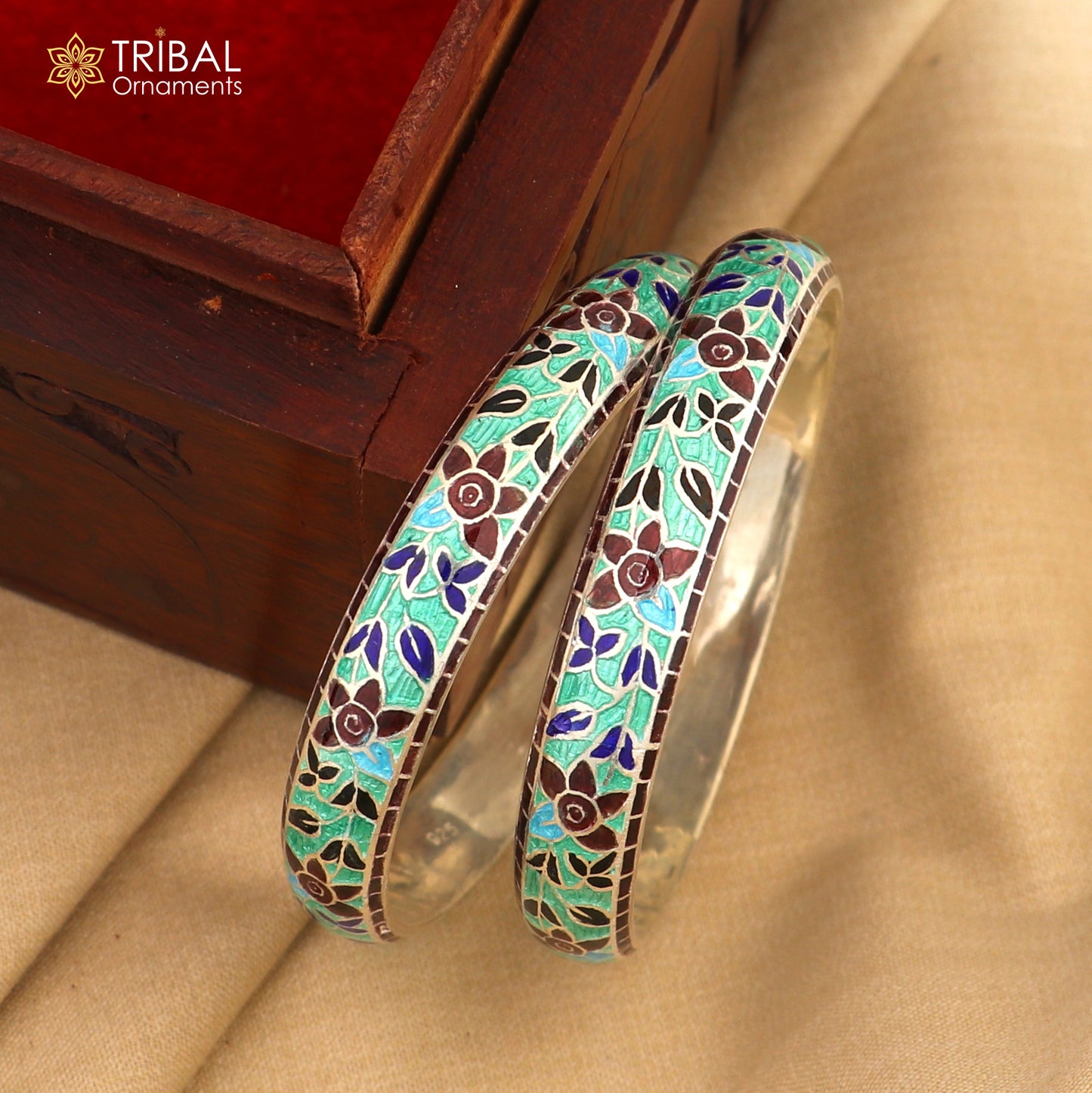925 sterling silver handcrafted multicolor enamel flower design bangles bracelet nba455