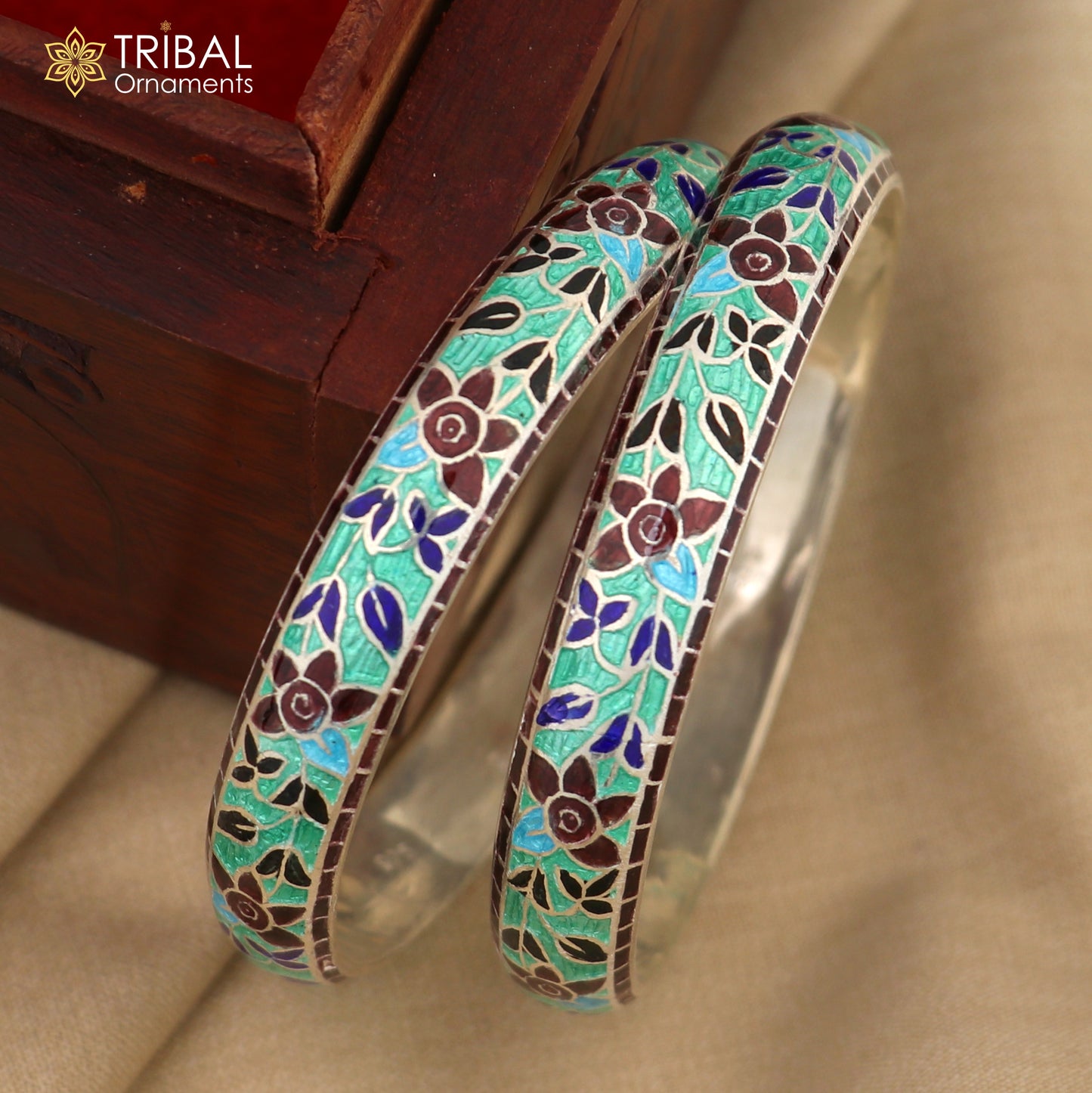 925 sterling silver handcrafted multicolor enamel flower design bangles bracelet nba455