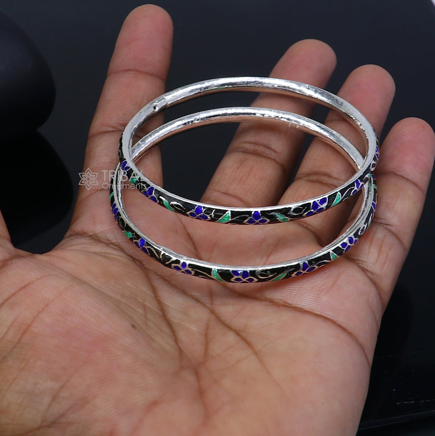 925 sterling meenakari work designer bangle bracelet pure silver gifting jewelry, brides made bangles ba433 - TRIBAL ORNAMENTS