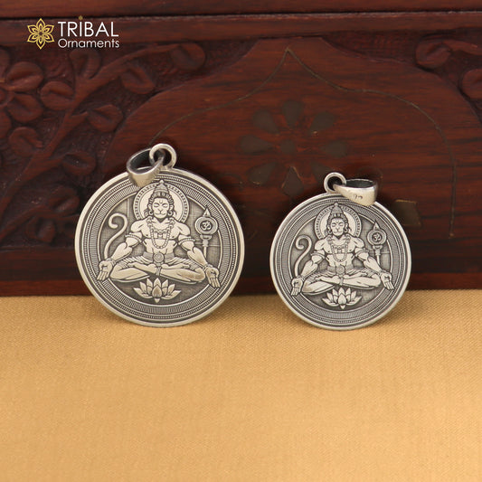 925 sterling silver Shree Hanuman pendant with chain, men's jewelry featuring intricate divine design by TRIBAL ORNAMENTS.