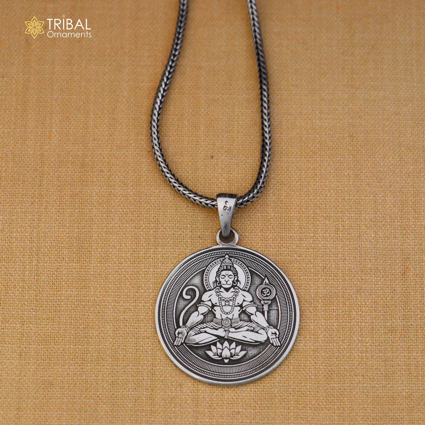 Sterling silver Shree Hanuman pendant with chain, men's jewelry by TRIBAL ORNAMENTS, detailed divine figure with intricate design