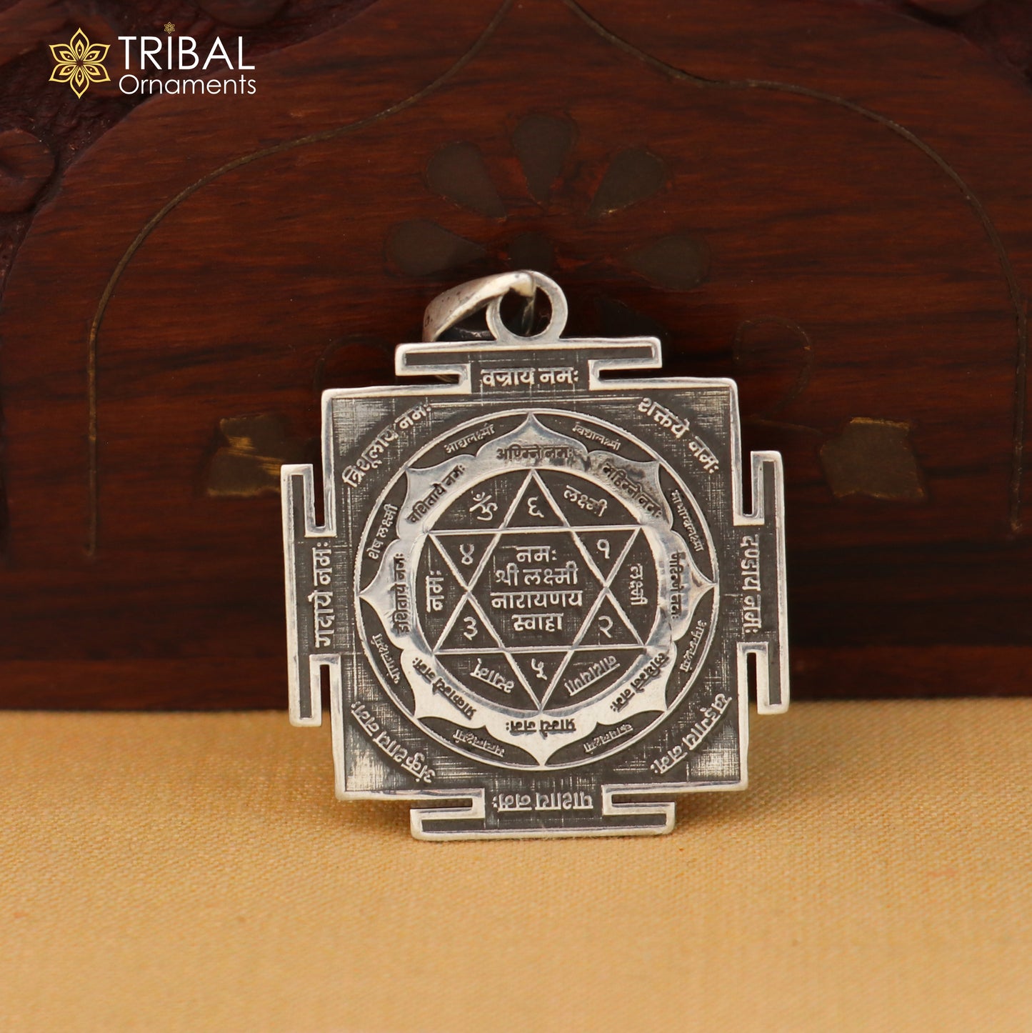925 sterling silver Shree Laxmi Narayan yantram pendant with chain, tribal jewelry design by TRIBAL ORNAMENTS.