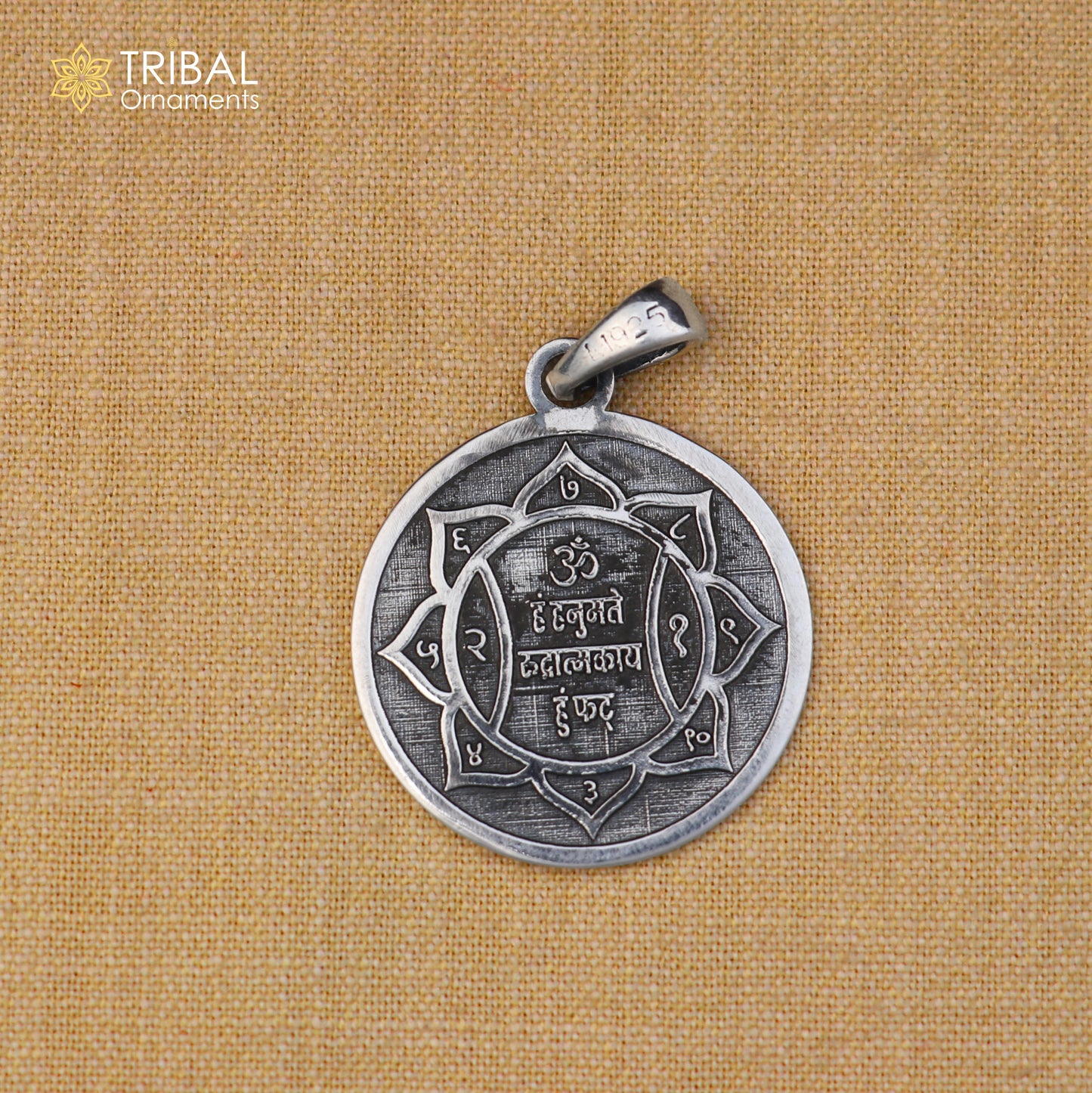 Sterling silver Shree Hanuman Yantram pendant with chain, tribal jewelry design, detailed religious symbol, handcrafted by TRIBAL ORNAMENTS.