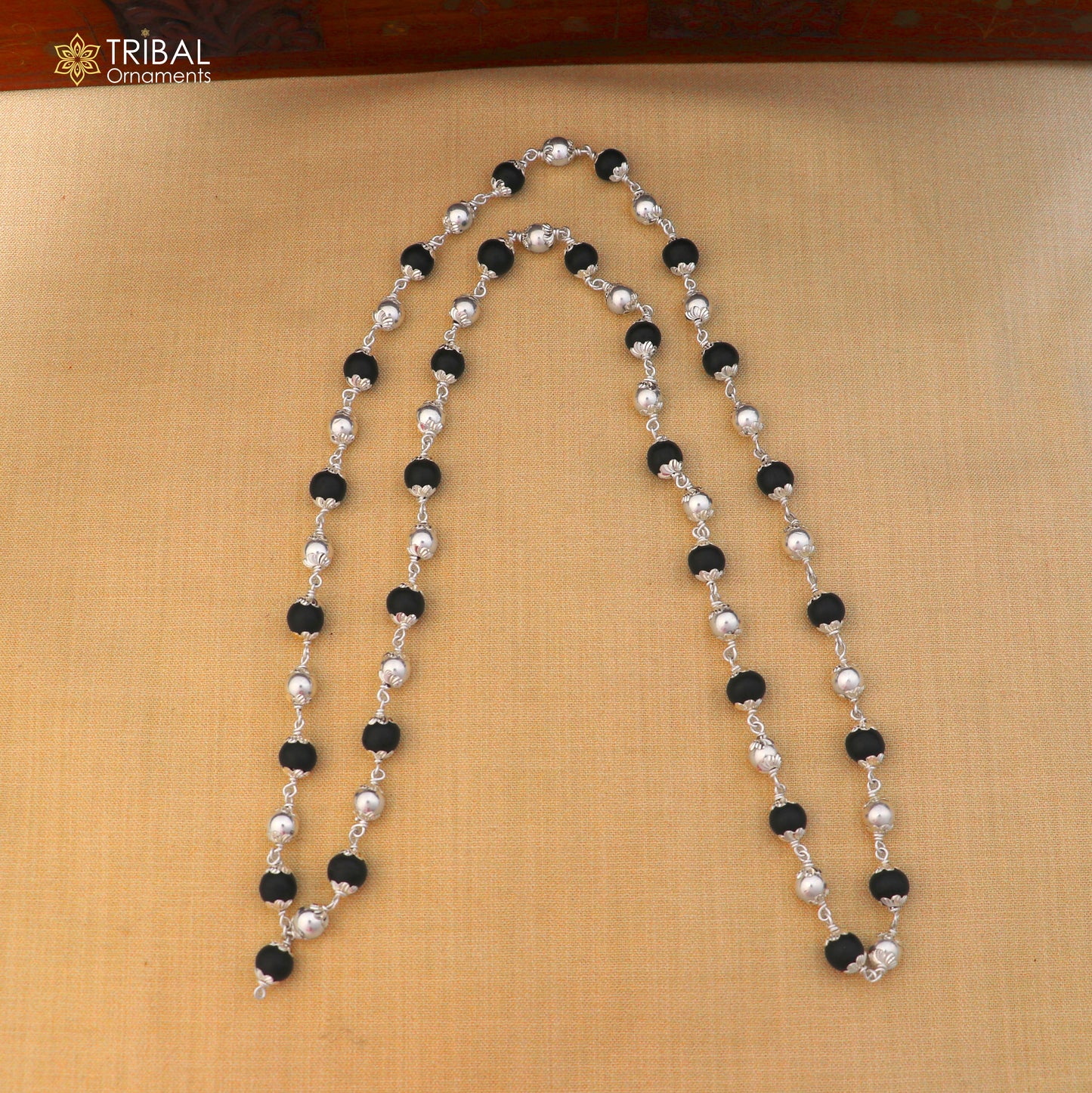 Silver Navkar Jaap mala with 54 or 108 beads, featuring Karungali and silver beads, made of 925 solid silver for chanting.
